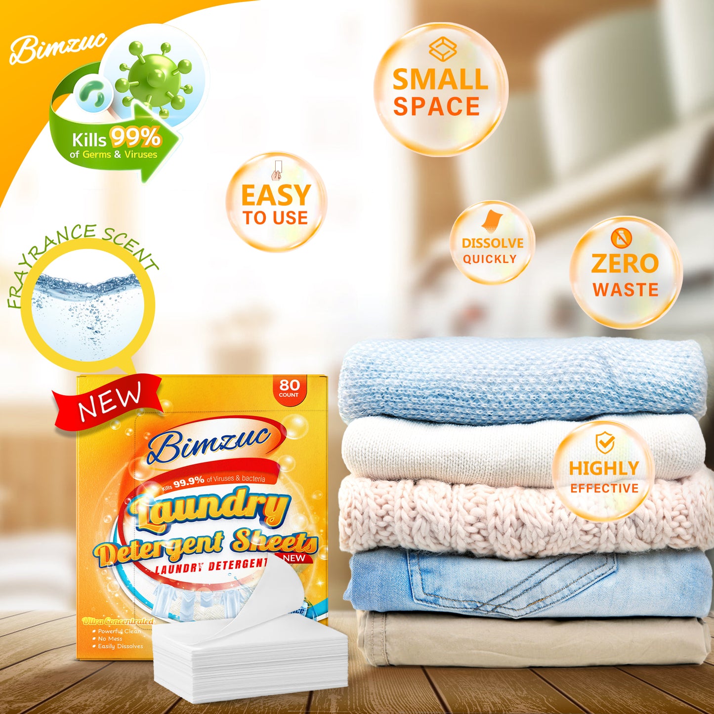 BIMZUC Power Laundry Detergent Sheets 80 ct,up to 160 Small Loads, Eco Ultra-Concentrated Unscented