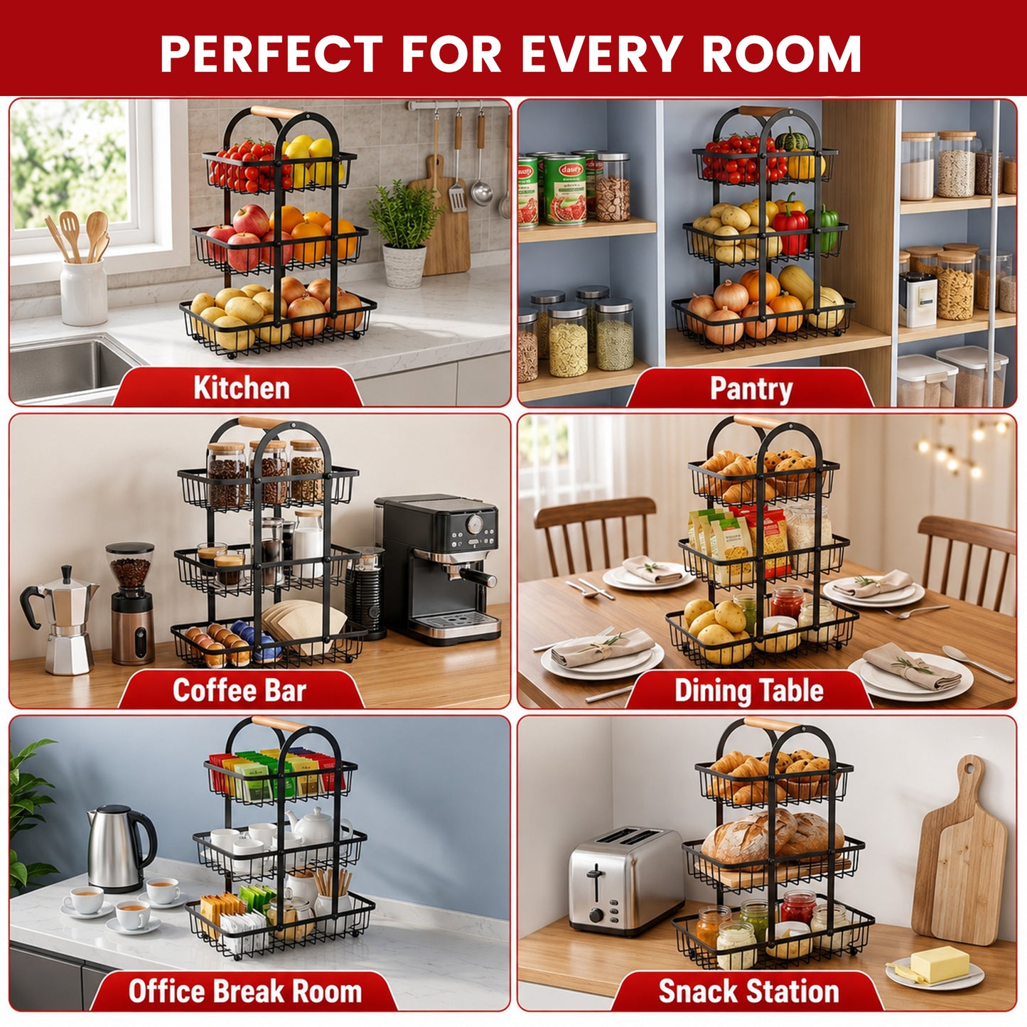 Riousery 3-Tier Fruit Basket for Kitchen Counter, Metal Fruit Stand with Wooden Handle, Large Wire Produce Organizer for Fruits, Vegetables, Bread & Snacks, Black