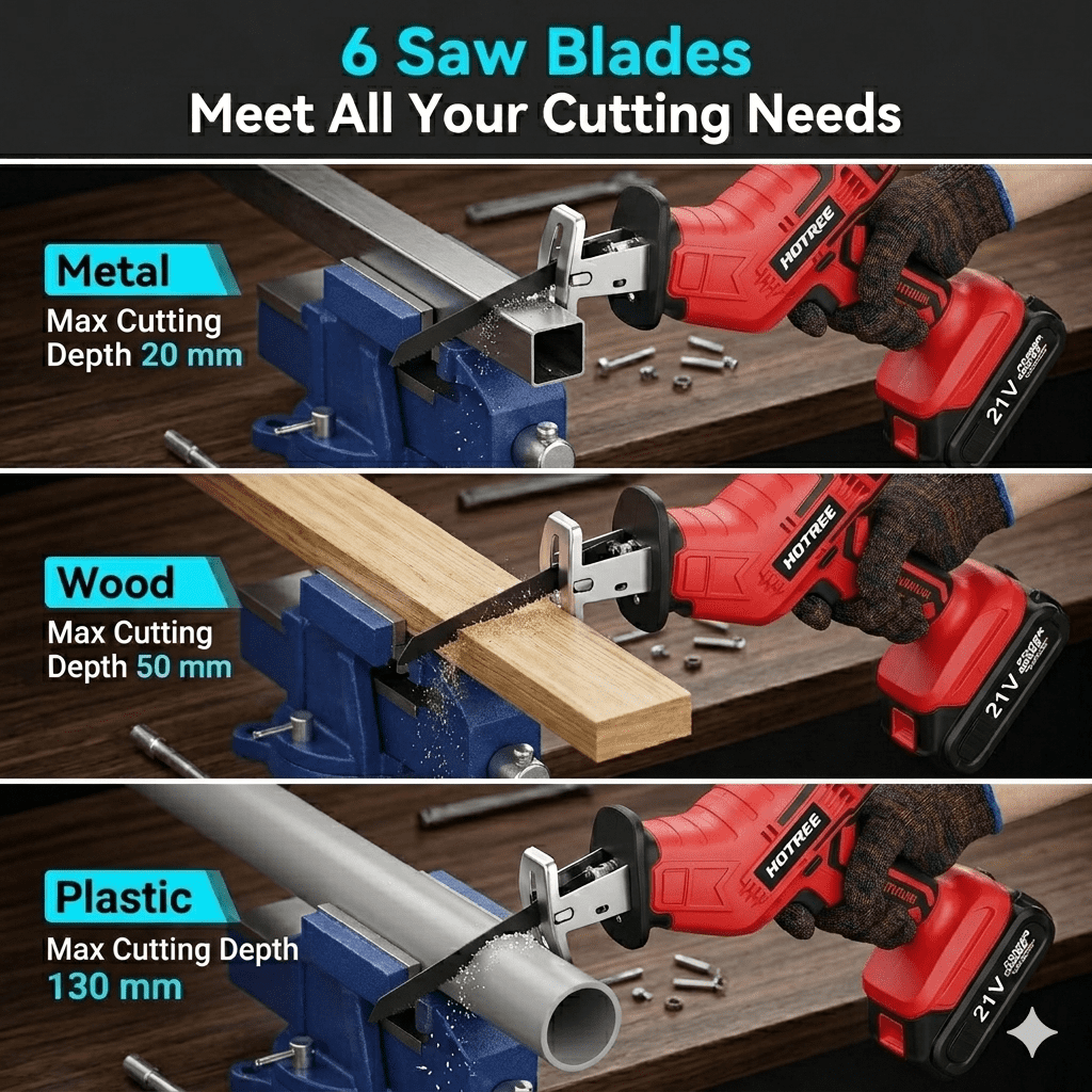 HOTREE Cordless Reciprocating Saw, Variable Speed, 2 x 2.0Ah Batteries, Blades Kit for Wood, Metal, PVC Cutting, Red