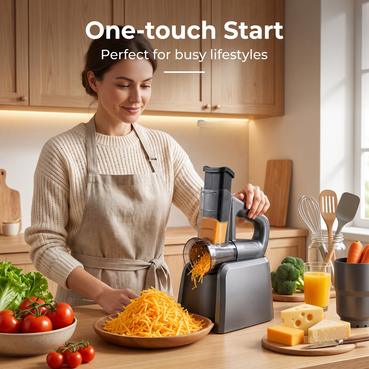 M Buder Electric Cheese Grater, 5 Blades Electric Grater for Home Kitchen, One-Touch Control Electric Cheese Shredder , Mandoline Slicer, Battery Digital Display, Gray