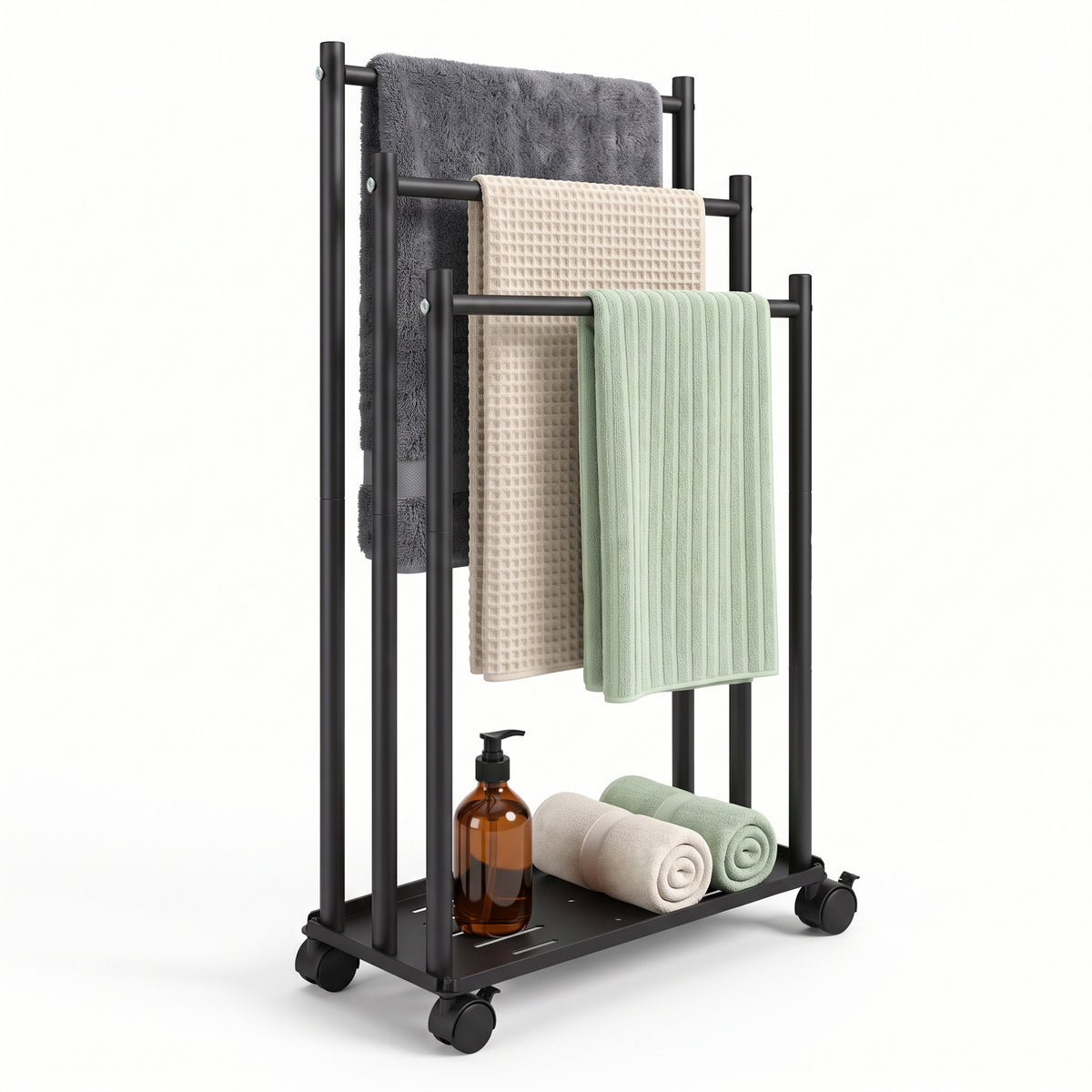 LZSDS 3-Tier Freestanding Rolling Towel Rack with Storage Shelf, Black