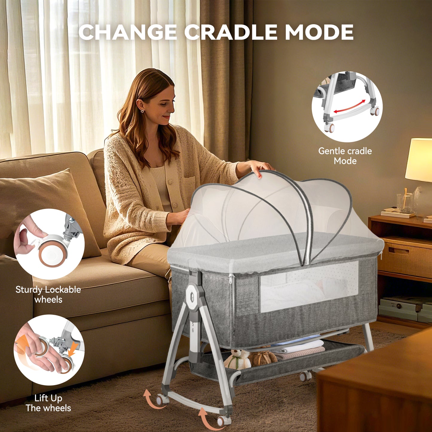 Rupoun Bassinet, Bedside Sleeper, Foldable Baby Crib with 6 Adjustable Heights and Mesh Panels, for Infant Newborn Child, Gray