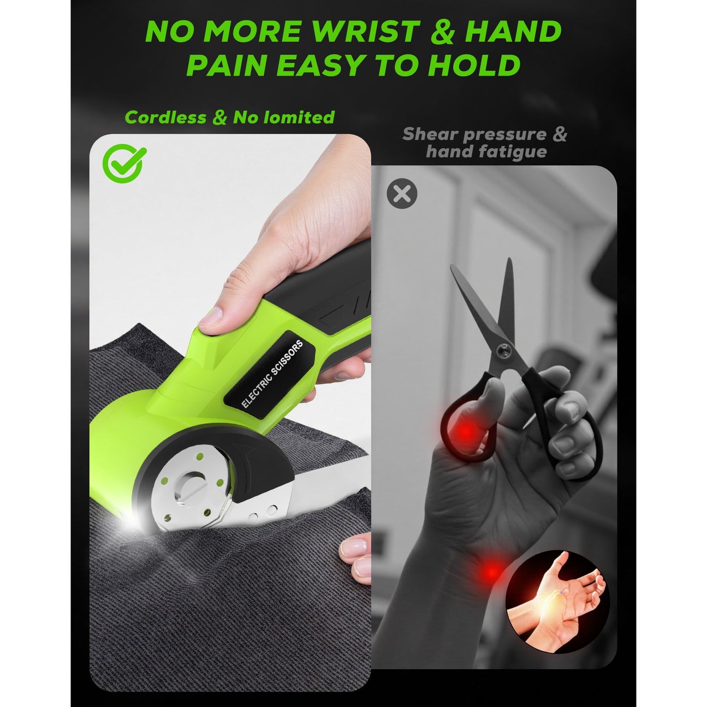 HOTREE Cordless Electric Scissors, 4V Rechargeable Cutter with Safety Lock and LED for Fabric, Cardboard, Plastic, and Leather