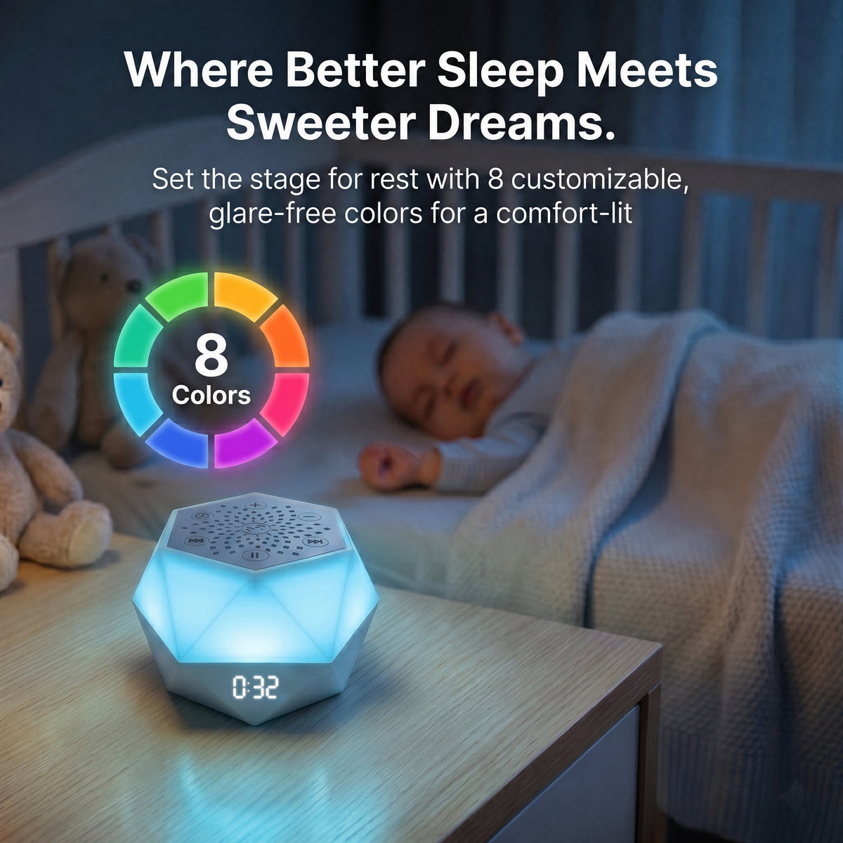 ZNQPLF Baby White Noise Machine, Bluetooth Sound Machine for Sleeping, 32 Sounds Portable Noise Machine with App Control & 8 Color Night Light,white