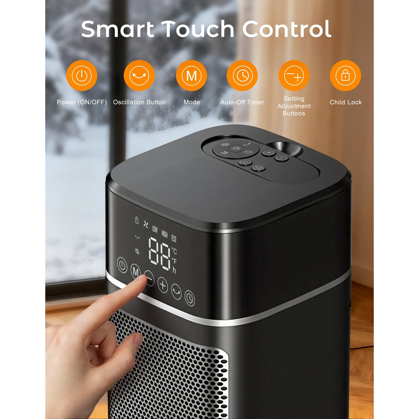 Lairy 24inch Space Heater for Indoor Use, 1500W Fast Electric Ceramic Tower Heaters with Thermostat,3 Modes, Eco, Black