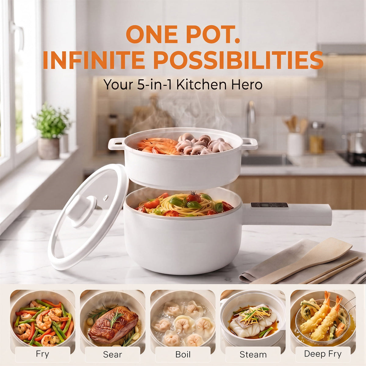 Suodoka Electric Hot Pot, Smart Non-Stick Ceramic Cooking Pot with Long Handle, 5 Modes, LED Touch Screen and 9.5H Timer, White