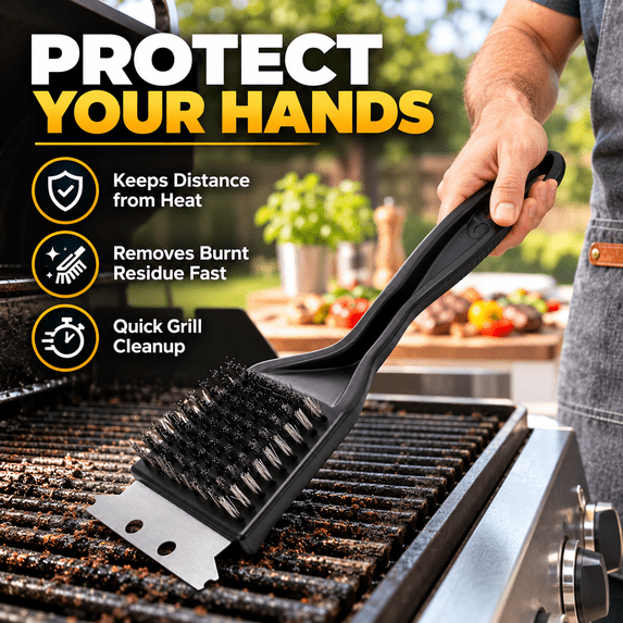 GigBu 8.6" Heavy Duty BBQ Grill Brush and Scraper, Stainless Steel Wire Cleaner, Black/Silver