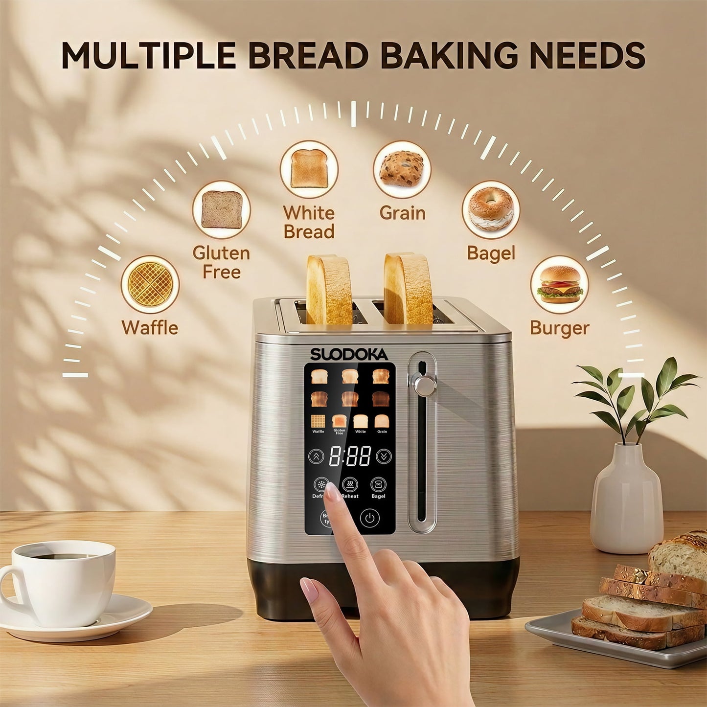 Suodoka 4-Slice Long Slot Toaster, Digital Touch Control with 6 Shade Settings, 5 Functions & 9.84" Extra-Wide Slots