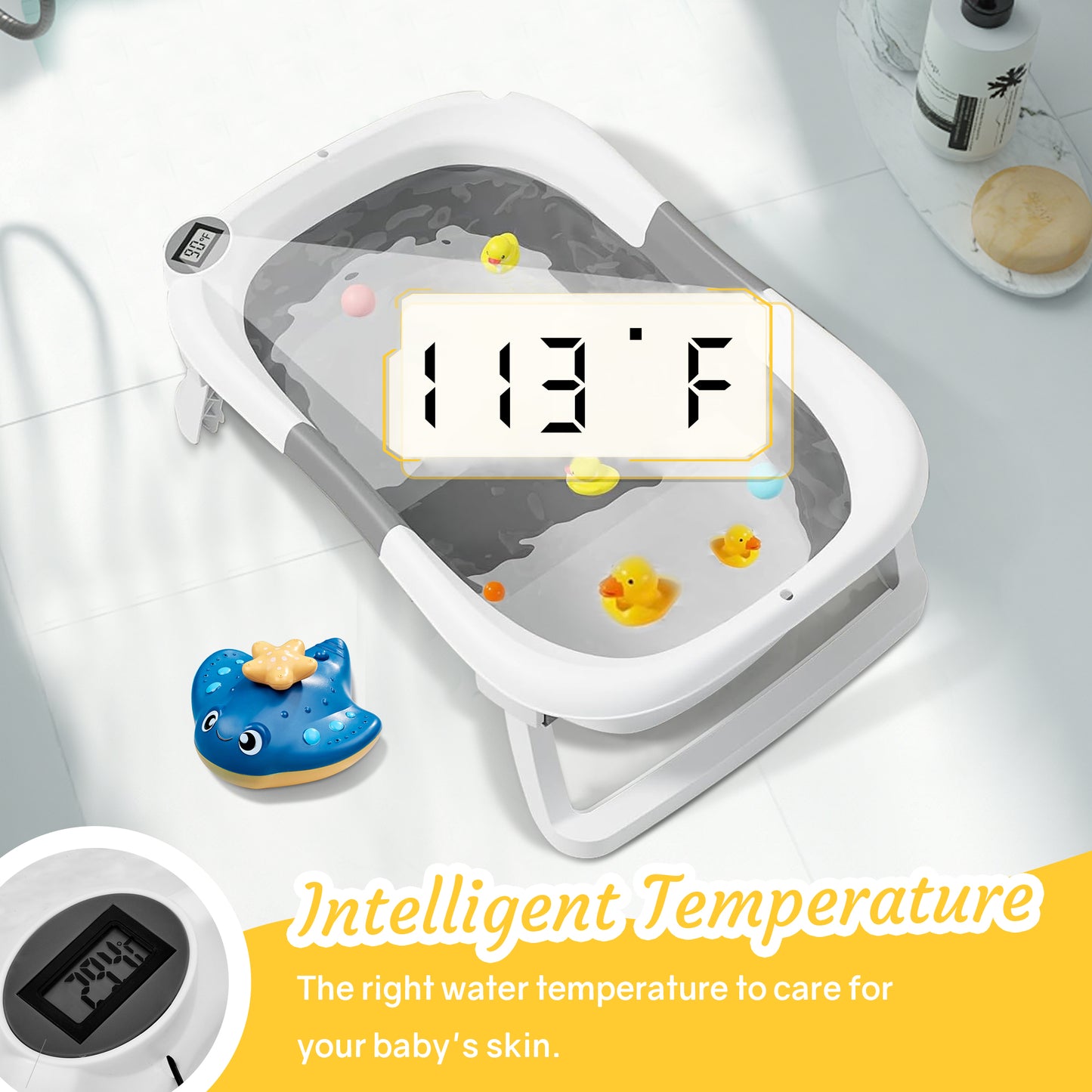 RUPOUN Baby Bathtub, Collapsible for Newborn Boys and Girls, Portable and Foldable, Gray