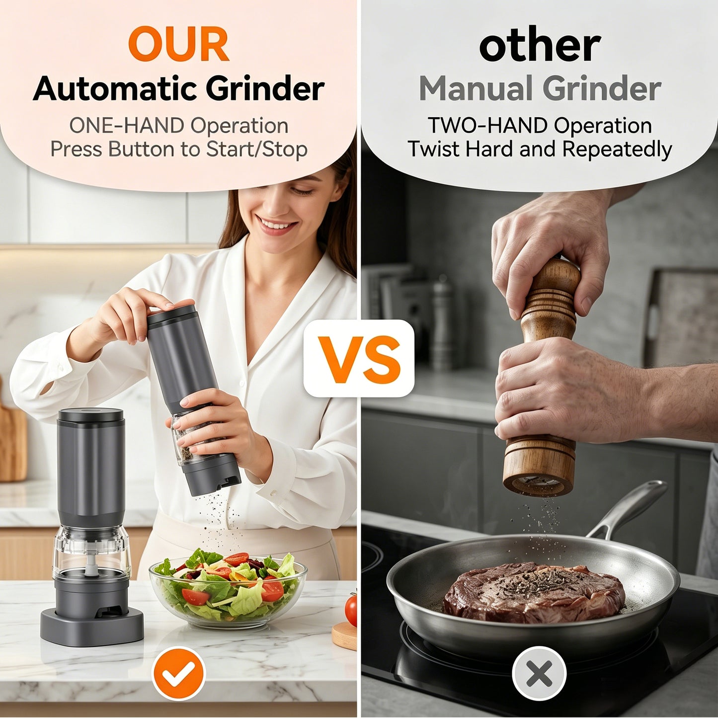 M Buder Electric Salt and Pepper Grinder Set, Rechargeable Automatic Salt Grinder and Pepper Mill with 2 Containers, Adjustable Coarseness, Gray