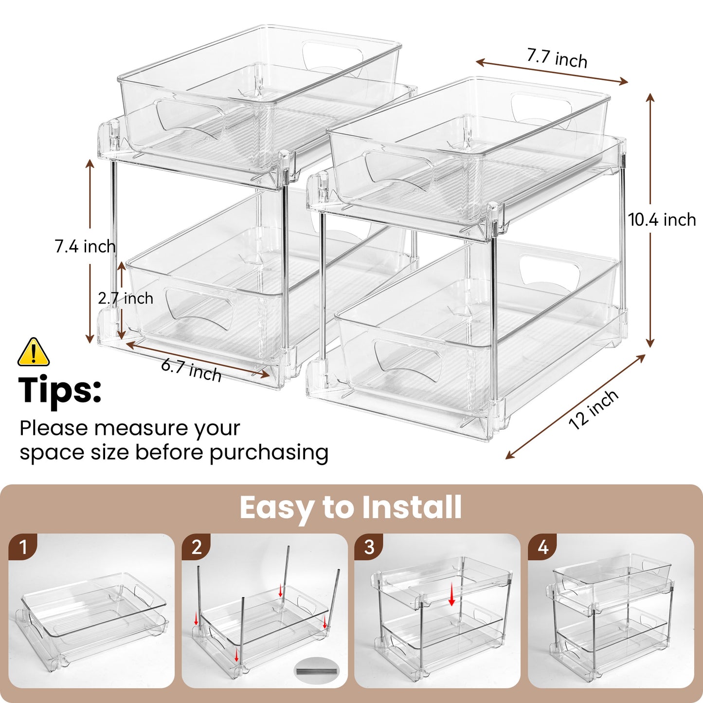 Riousery 2-Tier Clear Under Sink Organizer, 2-Pack Pull-Out Cabinet Storage, Stackable Design for Kitchen and Bathroom