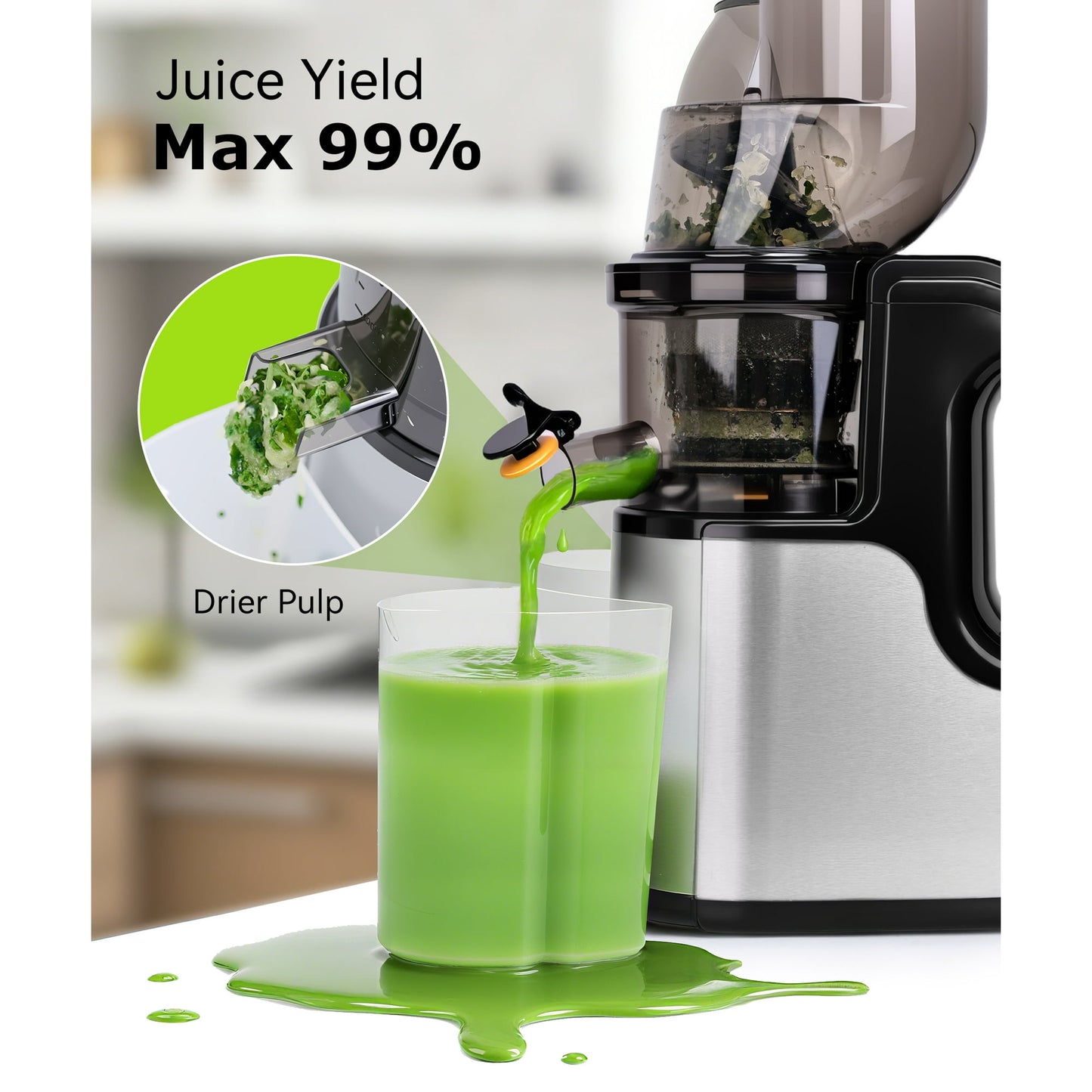 Casualife Cold Press Juicer, 800W Masticating Juicer with 5.4" Wide Feed Chute, High Juice Yield, Easy to Clean, Black