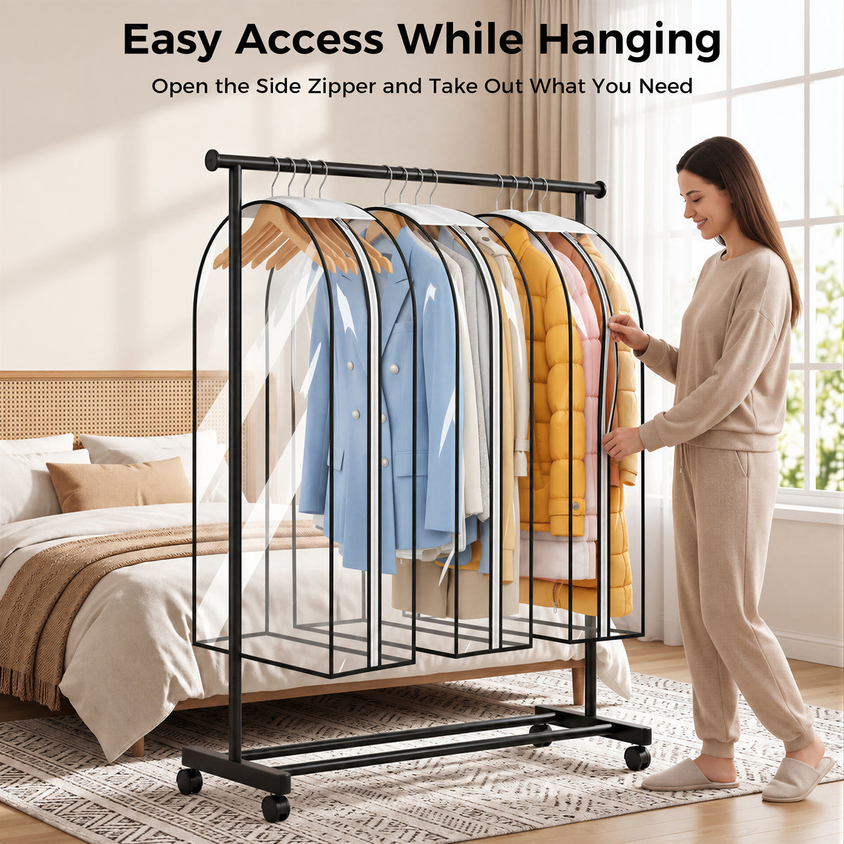 Riousery Clear Garment Bags for Closet Storage, 3 Pack Hanging Clothes Covers with 10" Gusset, Waterproof PEVA Suit Bags with Side Zipper for Dresses, Jackets and Coats
