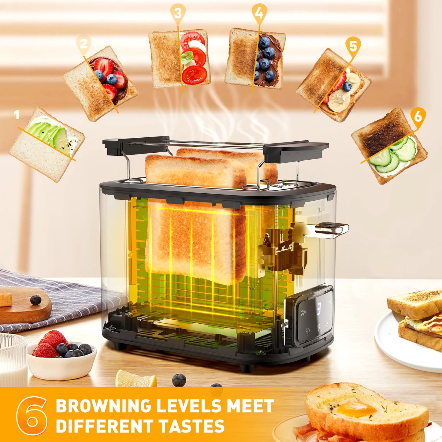 Suodoka Toaster 2 Slice Wide Slots, Touchscreen 6 Shade Settings,Bagel Defrost Reheat Cancel New