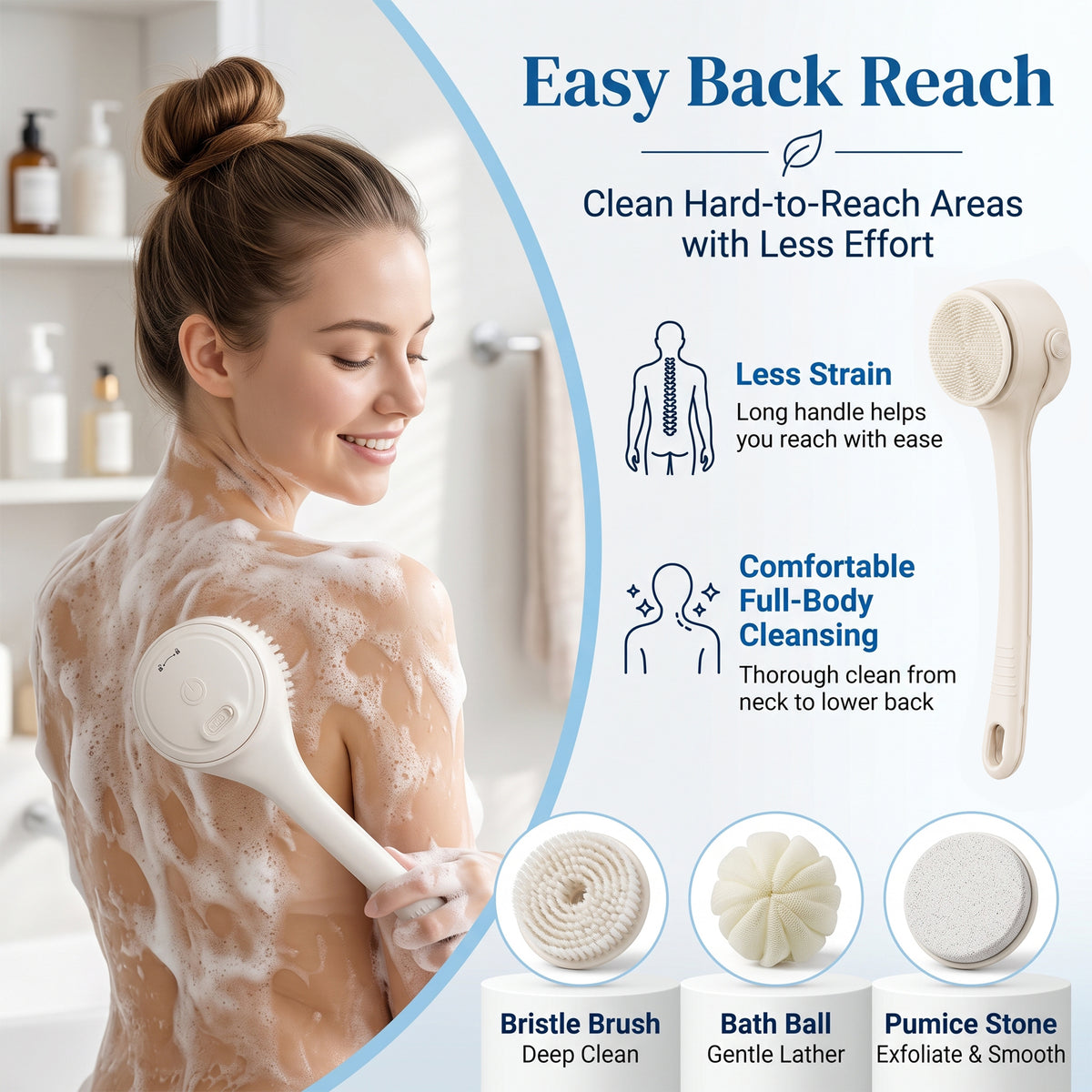 Bokyan Electric Body Brush, Rechargeable Shower Brush with Long Handle, IPX7 Waterproof Spin Skin Brush with 4 Brush Heads, Head Holder