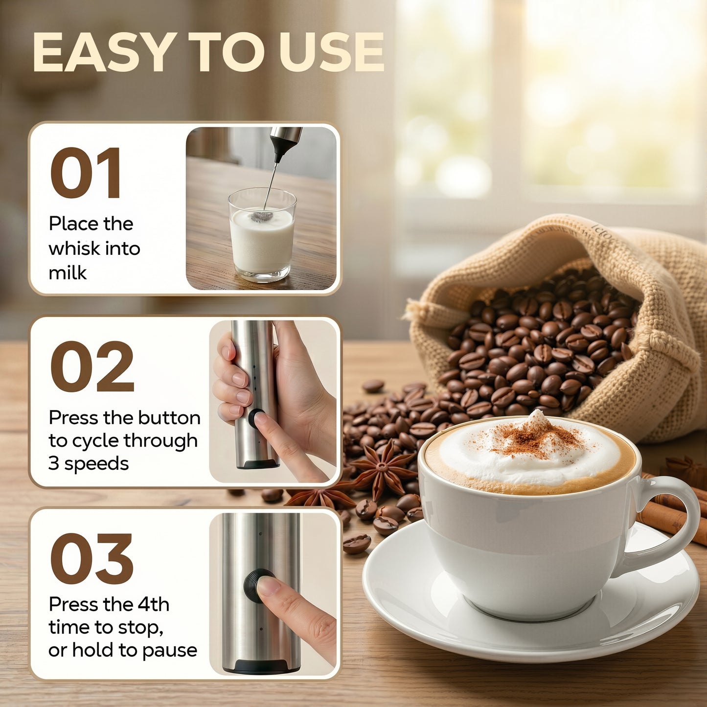 M Buder Milk Frother, Handheld Foam Maker and Electric Egg Whisk, 3 Speed Rechargeable Coffee Frother Wand with 2 Detachable Whisks, Silver