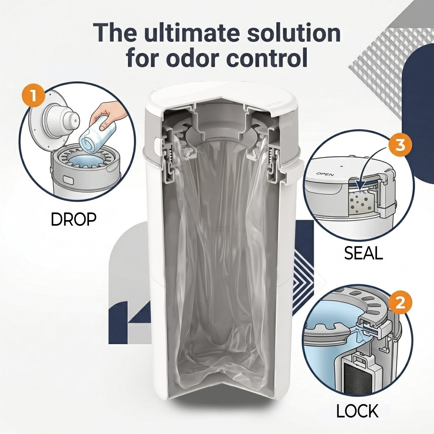 ZNQPLF Baby Diaper Pail, Advanced Odor Control Diaper Bin for Nursery, Hands-Free Twist-Seal Disposal System, Gray-White
