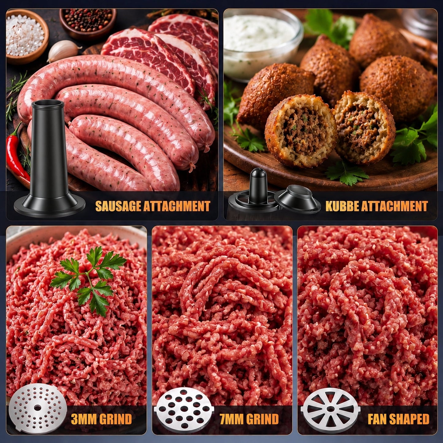 Casualife Electric Meat Grinder & Slicer, Multifunctional Food Processor, 5 Slicing Cones, 3 Molds (Includes Kibbeh) & 2 Blades