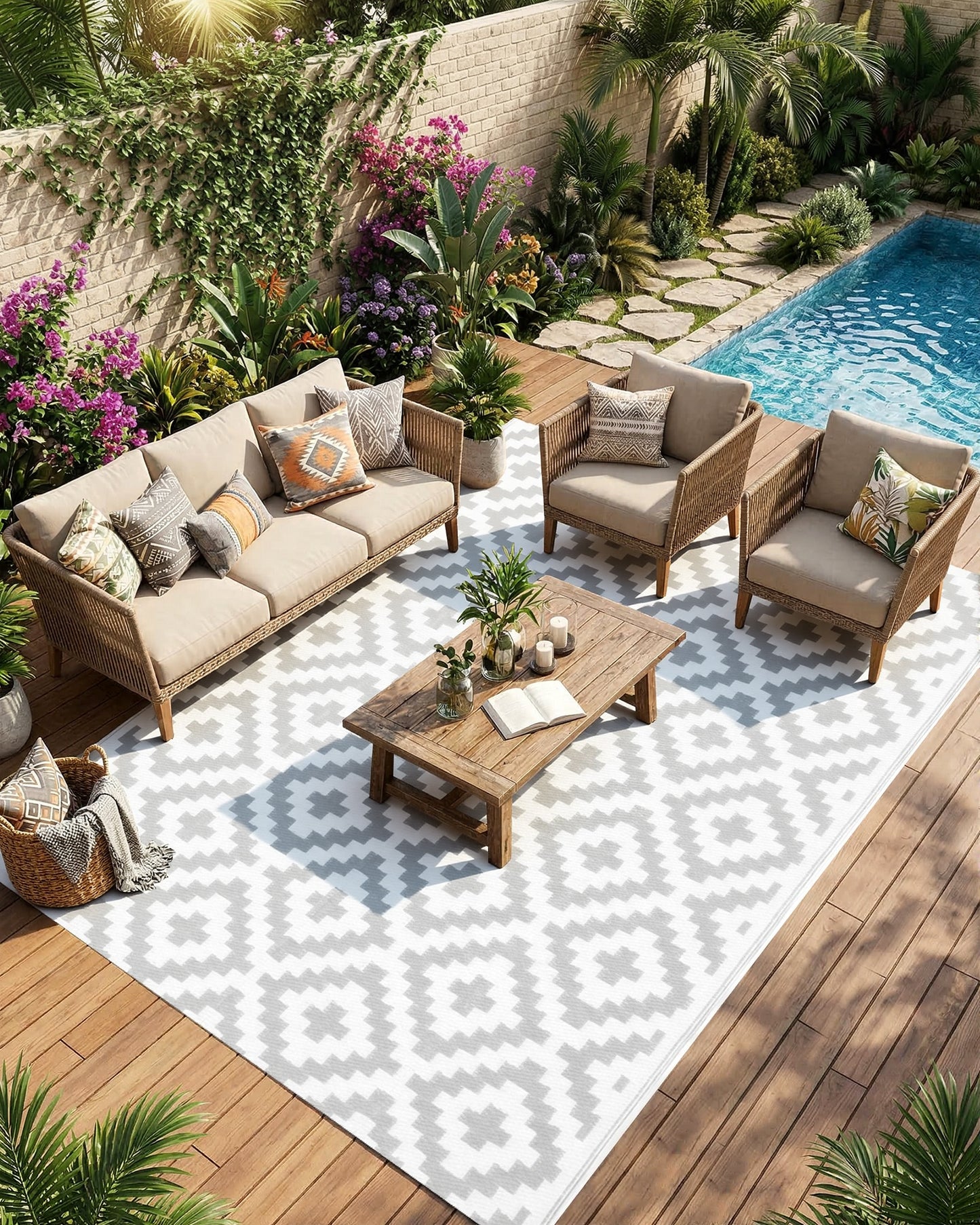 OHHANI Outdoor Rug, 6'x9', Waterproof Reversible Patio Rug, Plastic Straw Rug, RV Patio Deck Beach Gray