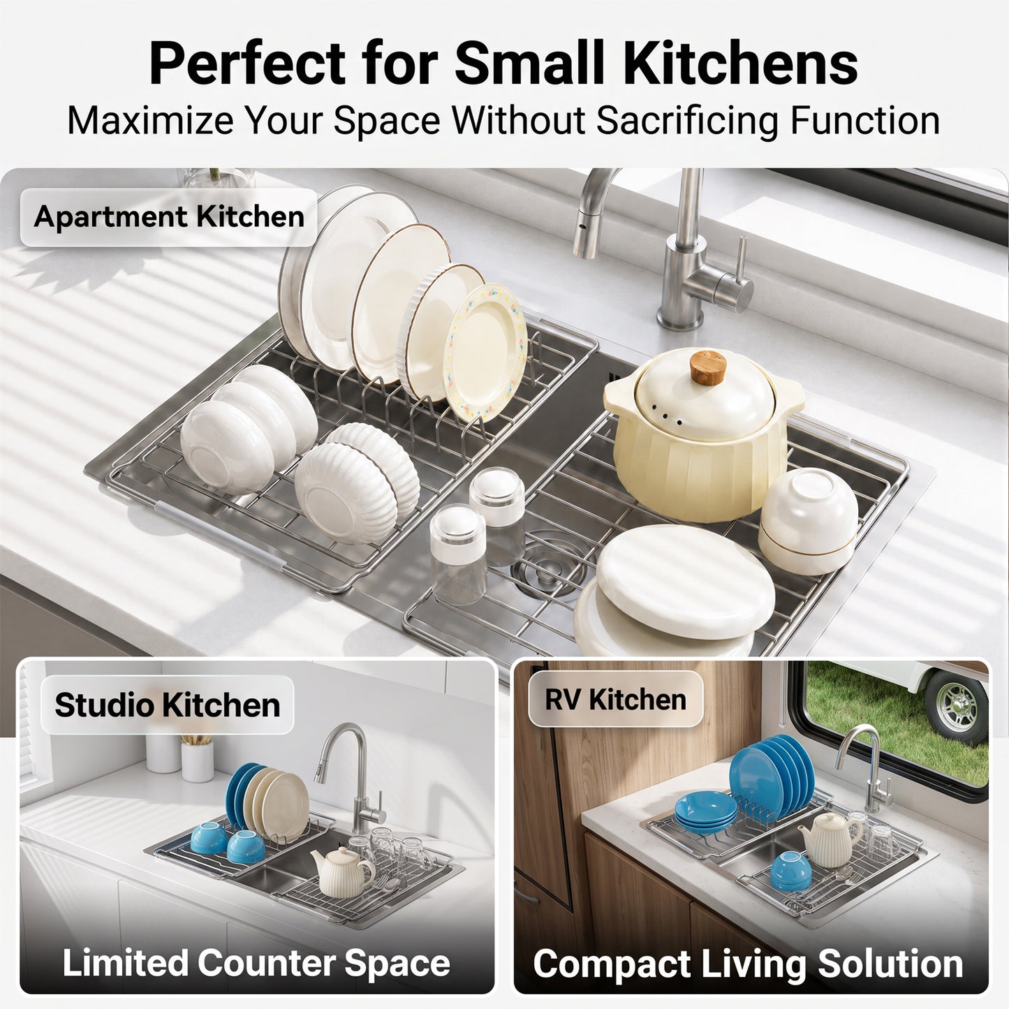 Riousery Over the Sink Dish Drying Rack Set, Expandable Stainless Steel Dish Rack, 2-Piece Adjustable Sink Drying Rack with Plate Holder & Flat Rack, 16-20 in