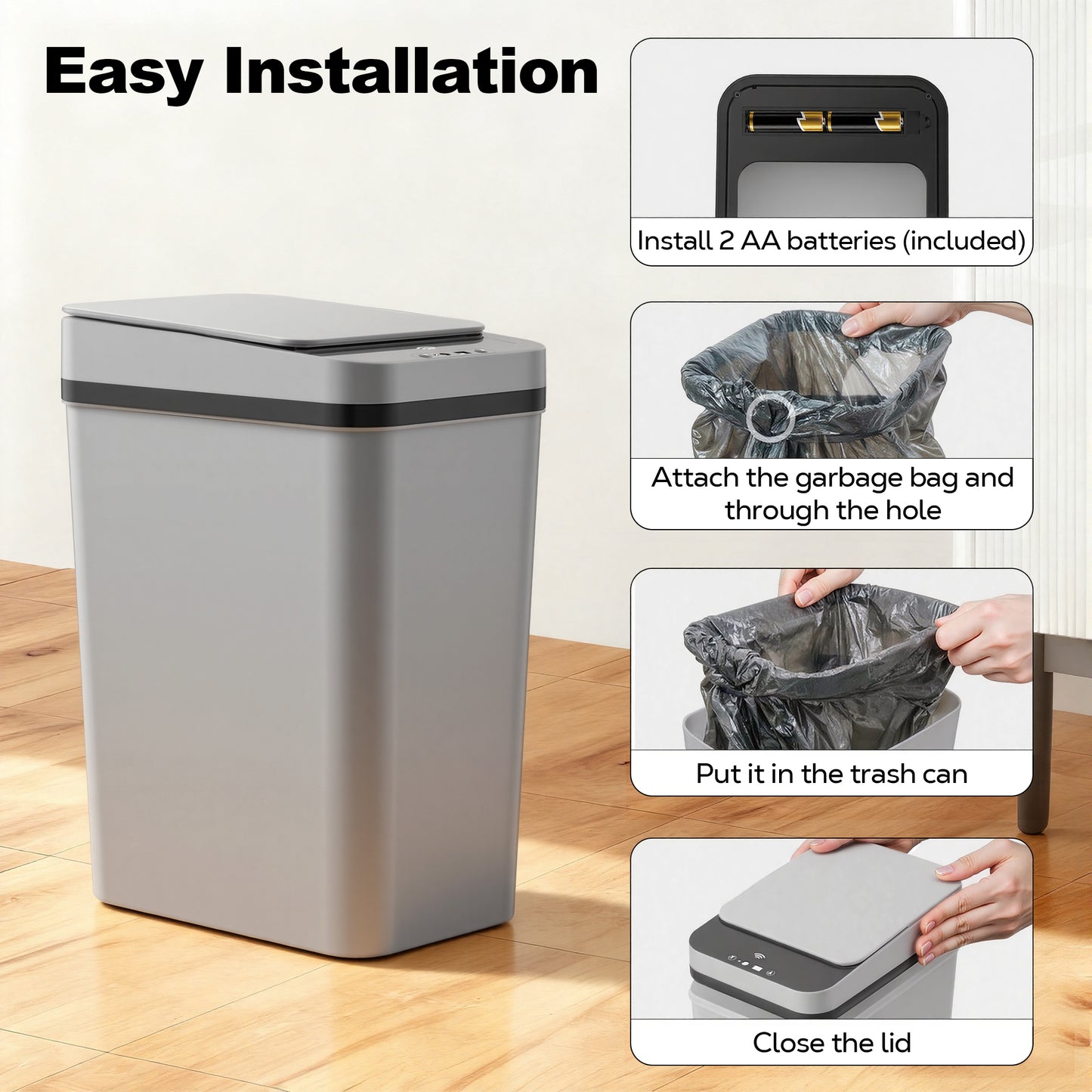 Riousery 3.5 Gallon Touchless Trash Can, 2-Pack Motion Sensor Waste Bin with Lid, Gray