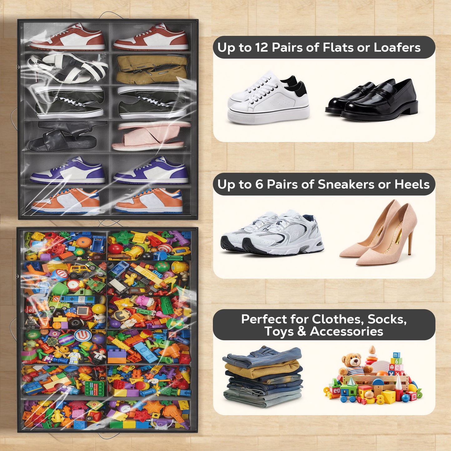 WEENEED 2-Pack Under Bed Shoe Storage Organizer, Fits 24 Pairs with Individual Dividers, Foldable Underbed Shoe Box for Closet