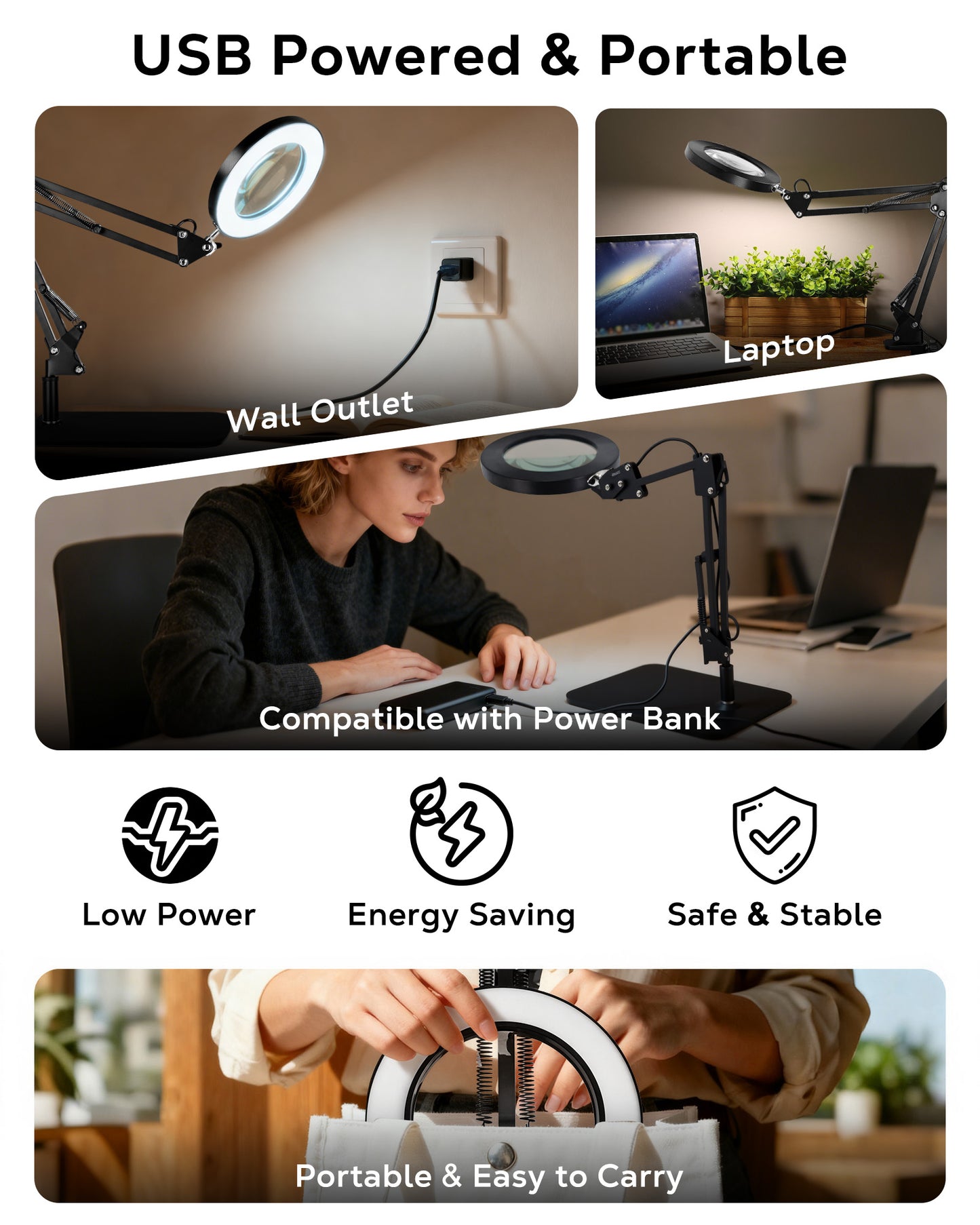 WEENEED 10X Magnifying Desk Lamp with Light, Adjustable Arm, USB Powered Magnifier Lamp with Clamp & Base for Reading, Repair, Crafts, Nail Beauty