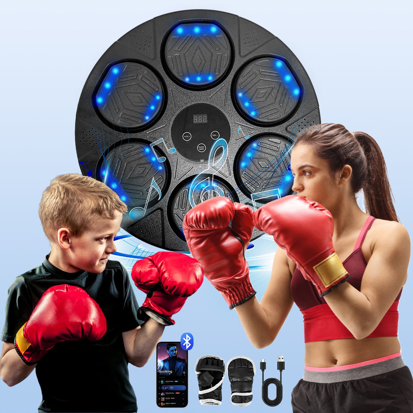 OPMUKIN Music Boxing Machine, Workout Equipment with LED Guidance, Touch Control, Bluetooth Audio, for Adults, Family Games, Black