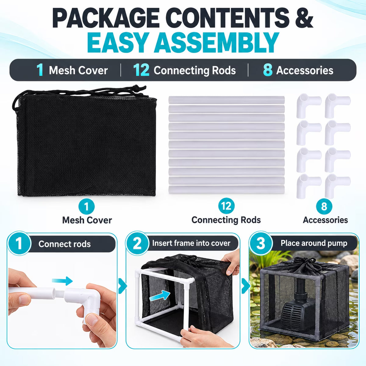 GONCON Pond Filter Bag Anti Clogging Mesh Water Pump Barrier Bag Outdoor Pond Pump Filter Basket Box Cover with 12 Connecting Rods for Waterfalls Fountains and Gardens, 10.00x10.00x10.00 Inches