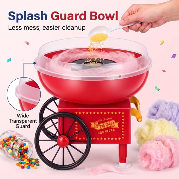 Suodoka Retro Cotton Candy Maker, Vintage Cart Candy Floss Machine for Parties and Events, Includes Sticks and Scoop, Red