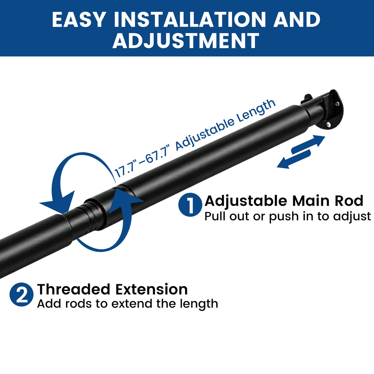 Riousery Heavy Duty Closet Rod, 17.7-67.7 Inch Adjustable Metal Closet Bar, Wall Mounted Clothes Hanging Rod, Sturdy Design, Matte Black