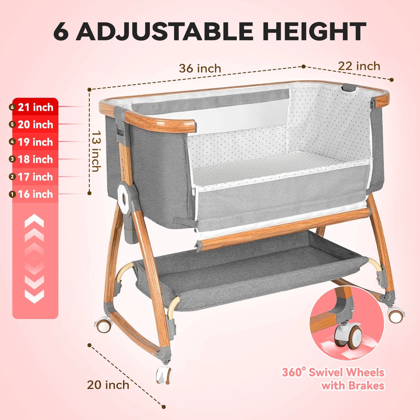 Rupoun Bassinet, Bedside Sleeper, Foldable Baby Crib with 6 Adjustable Heights and Mesh Panels, for Infant Newborn Child, Gray