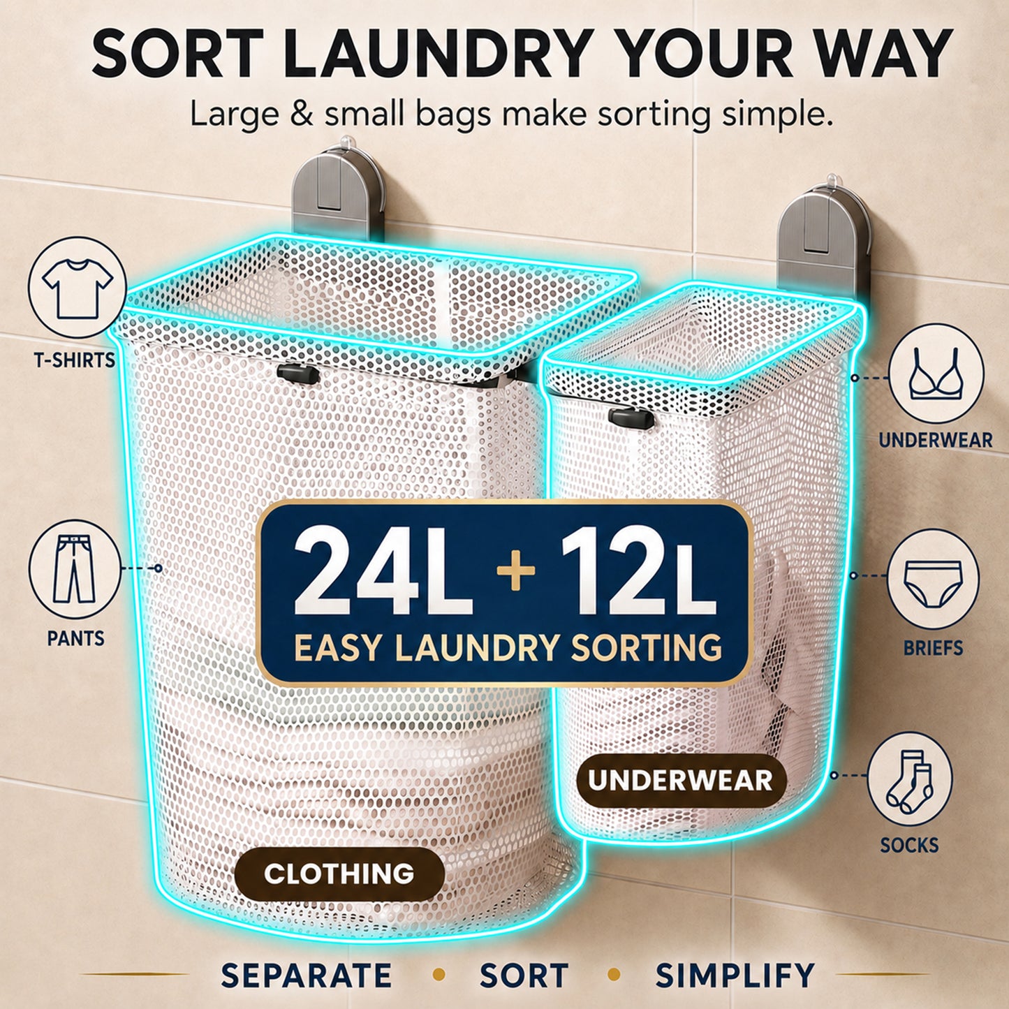 Riousery Wall Mounted Foldable Laundry Hamper, No-Drill Suction Cup Mount, 4 Removable Mesh Wash Bags