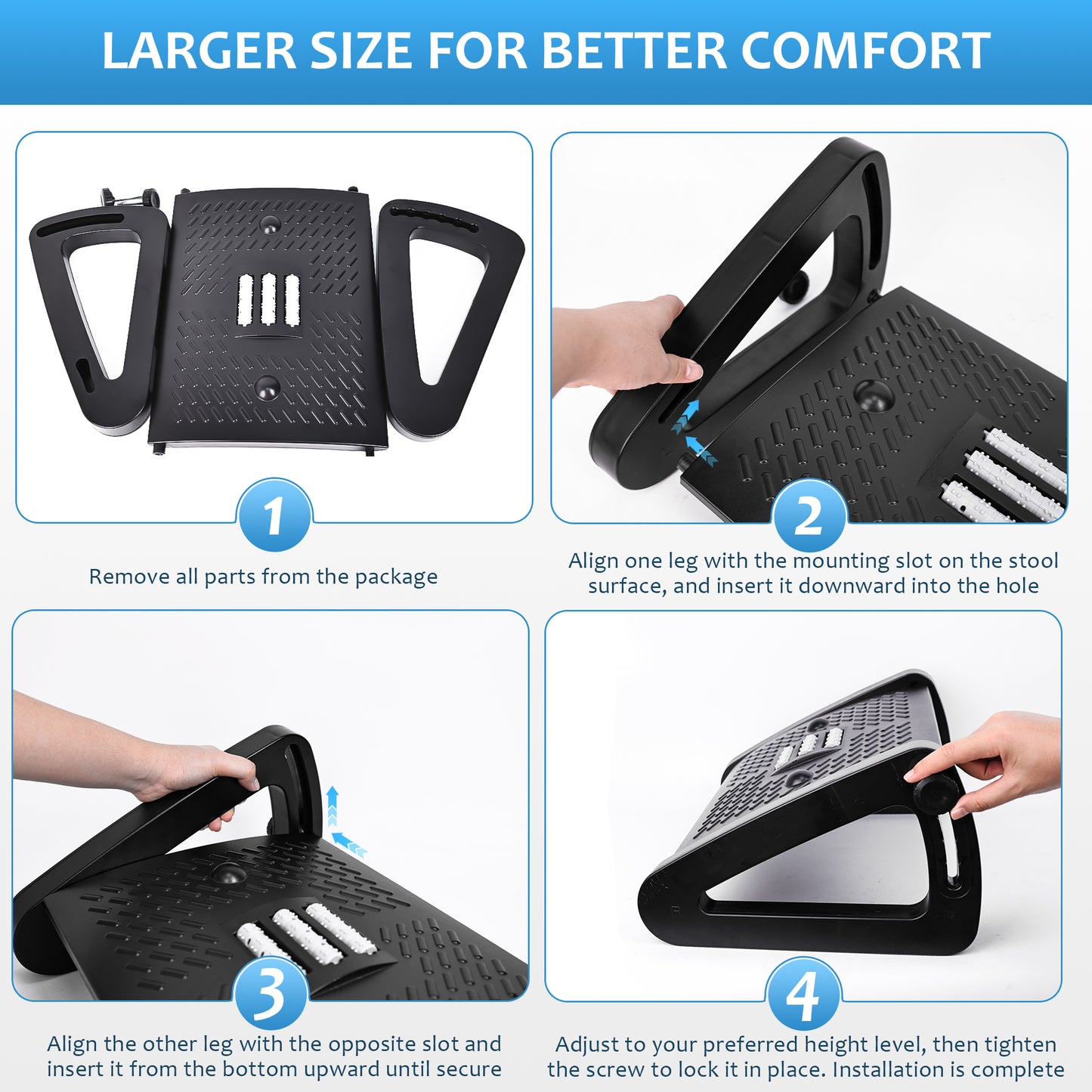 WEENEED Adjustable Ergonomic Foot Rest Under Desk with 6 Heights, Massage Surface & Rollers, Portable Foot Stool for Office, Home & Travel – Black