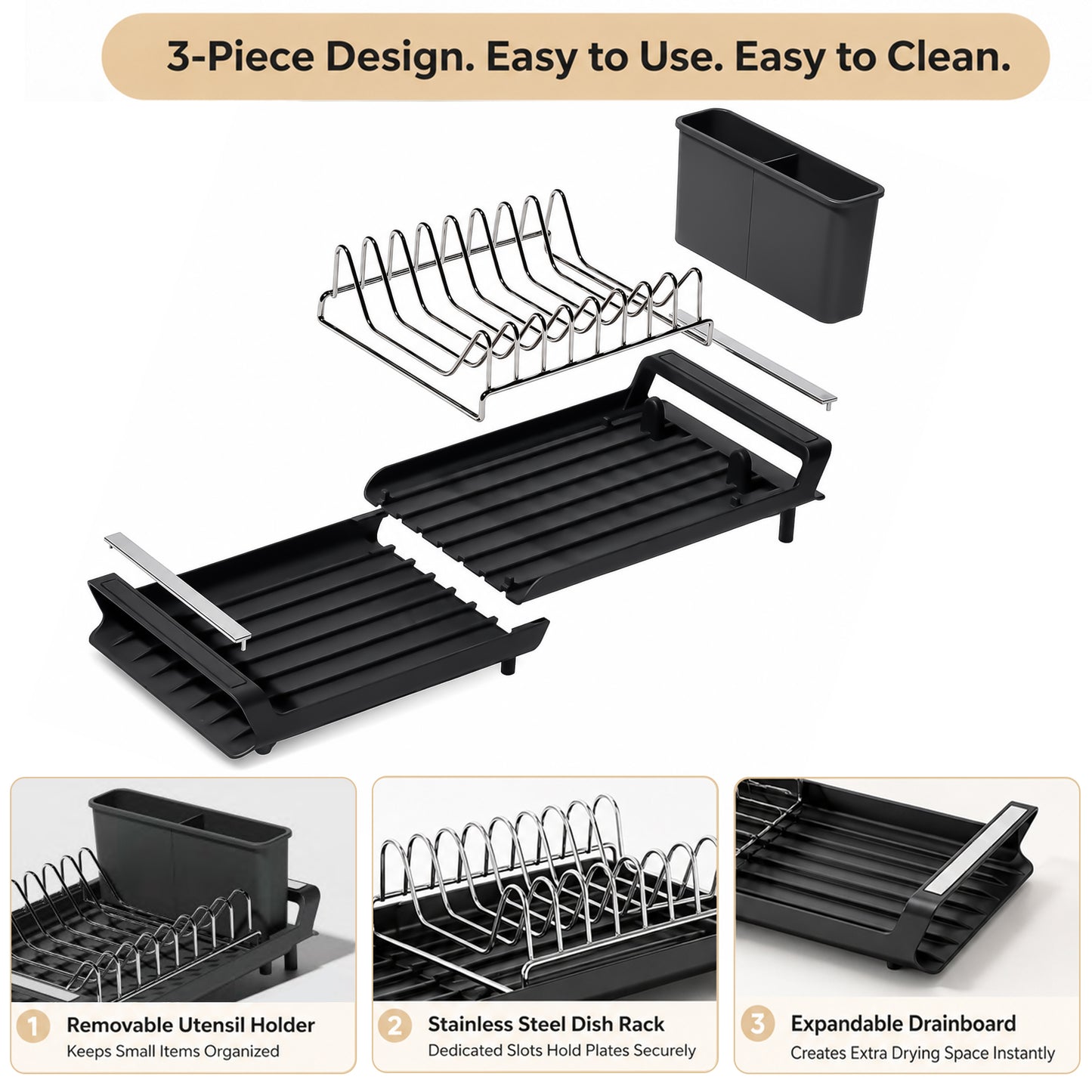 Riousery Expandable Dish Drying Rack with Drainboard, Compact Countertop Dish Drainer with 8-Plate Stainless Steel Rack, 2-Compartment Utensil Holder, Space Saving, Black