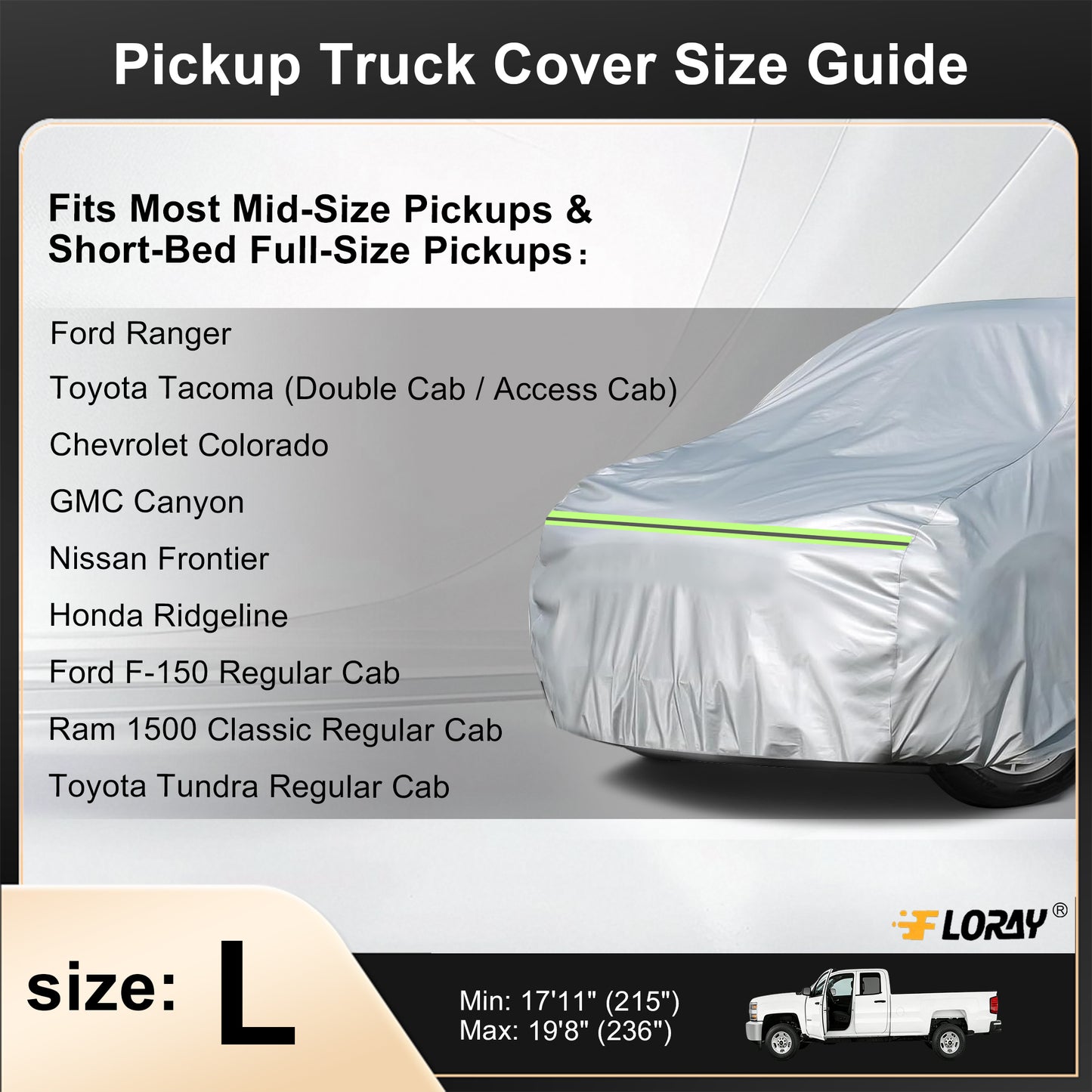 Floray Waterproof All-Weather Truck Cover with Zipper Door – Heavy-Duty Windproof Protection for Standard Pickup Trucks, UV and Snow Guard (PK-L, 236" x 59" x 69")