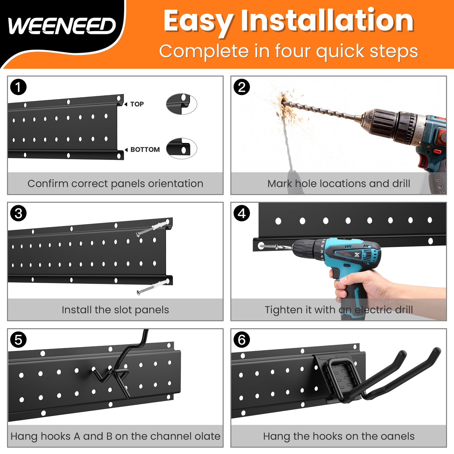 WEENEED Garage Tool Organizer Wall Mount 48 inches with 10 Adjustable Heavy-Duty Hooks, Garage Organization, Garden Tool Storage Rack, Yard, and Shed