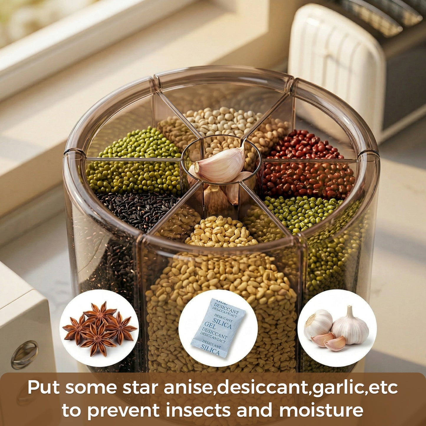 WEEUSE 360° Rotating Grain Dispenser, 22 lbs Large Capacity, 6 Compartments, One-Press Dispensing, Clear Rice & Cereal Storage for Kitchen Pantry