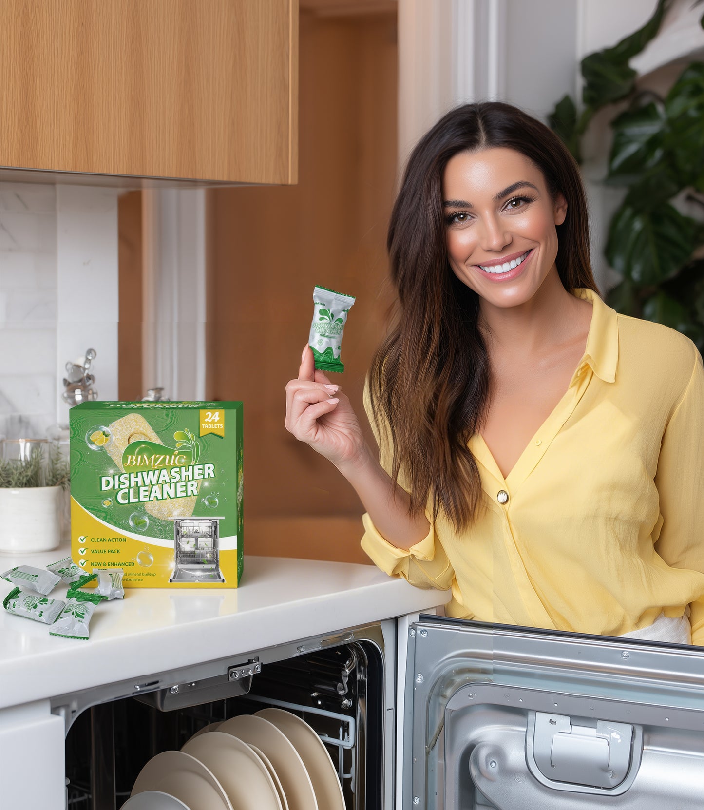 BIMZUC Dishwasher Cleaning Tablets, 24 Tablets, Powerful Cleaning and Deodorizing, Lemon Scent