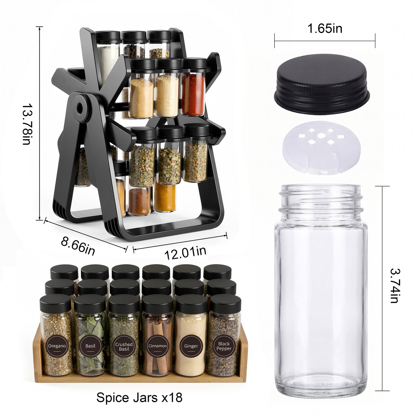 Alylo 360° Revolving Countertop Seasoning Holder and Cabinet Spice Rack Organizer, 18 Glass Jars, Black