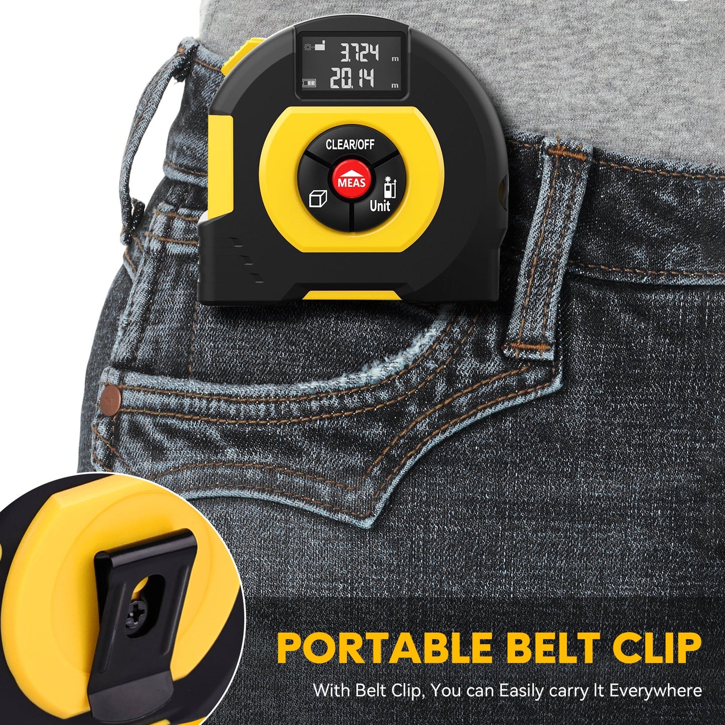 YAHHU 2-in-1 Laser Tape Measure, 196 ft/60m, Metric & US Units, LCD Display