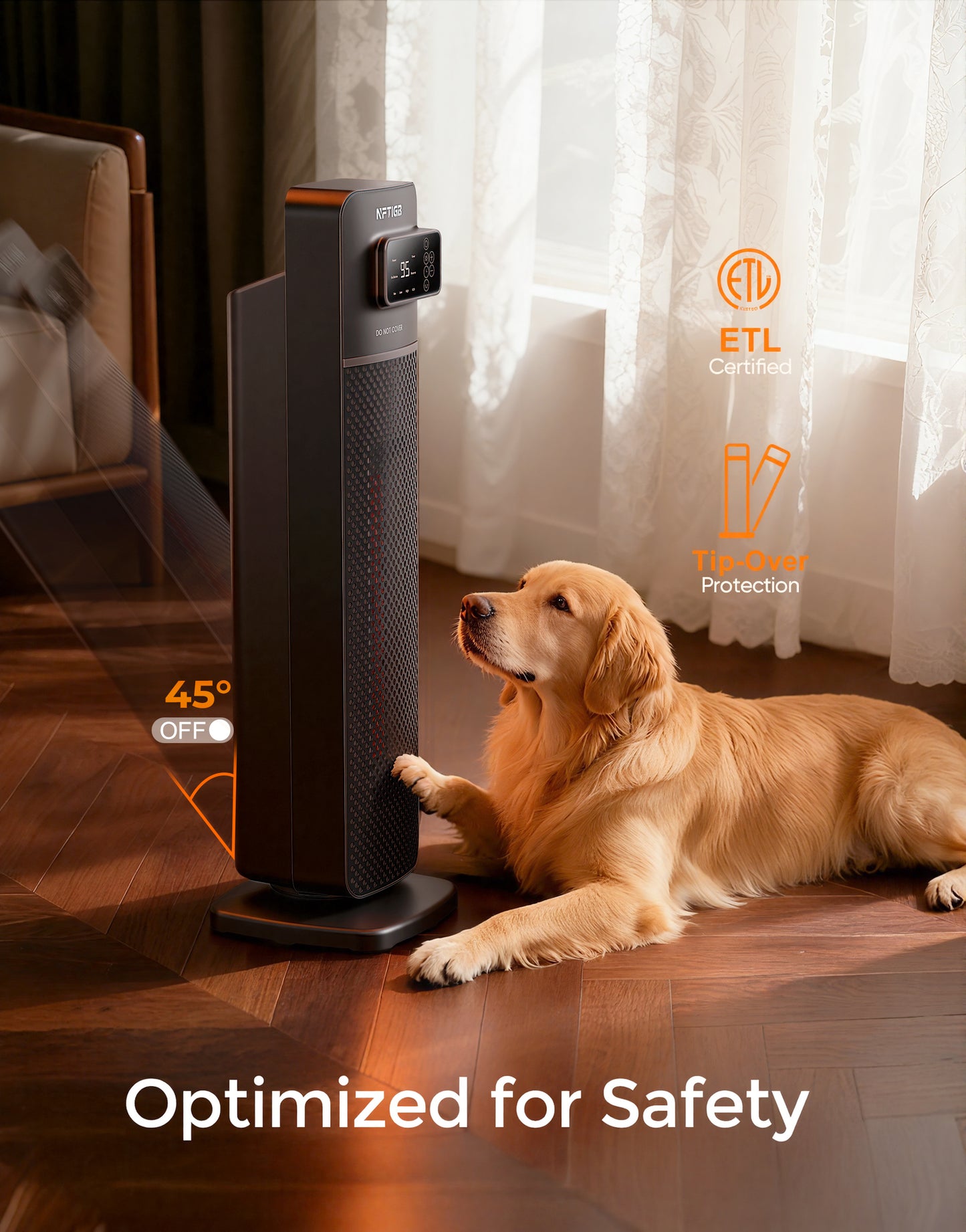 NFTIGB 24 inch PTC Ceramic Tower Heater for Home with Tip-Over Switch, Digital Display, Thermostat, Wide Oscillation, Remote, Timer, Gray