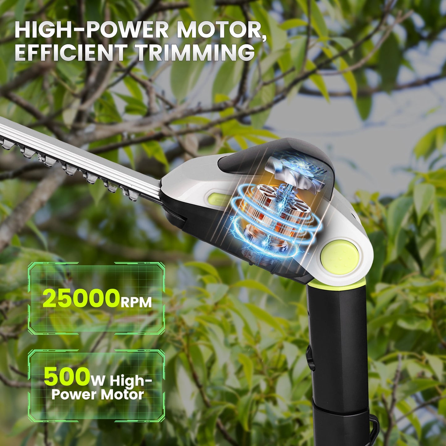 HOTREE 21V Cordless Pole Hedge Trimmer with 2 x 2.0Ah Batteries and Charger, 12ft Reach 3-in-1 Foldable Hedge Shrub Trimmer and Grass Shear ,Grey