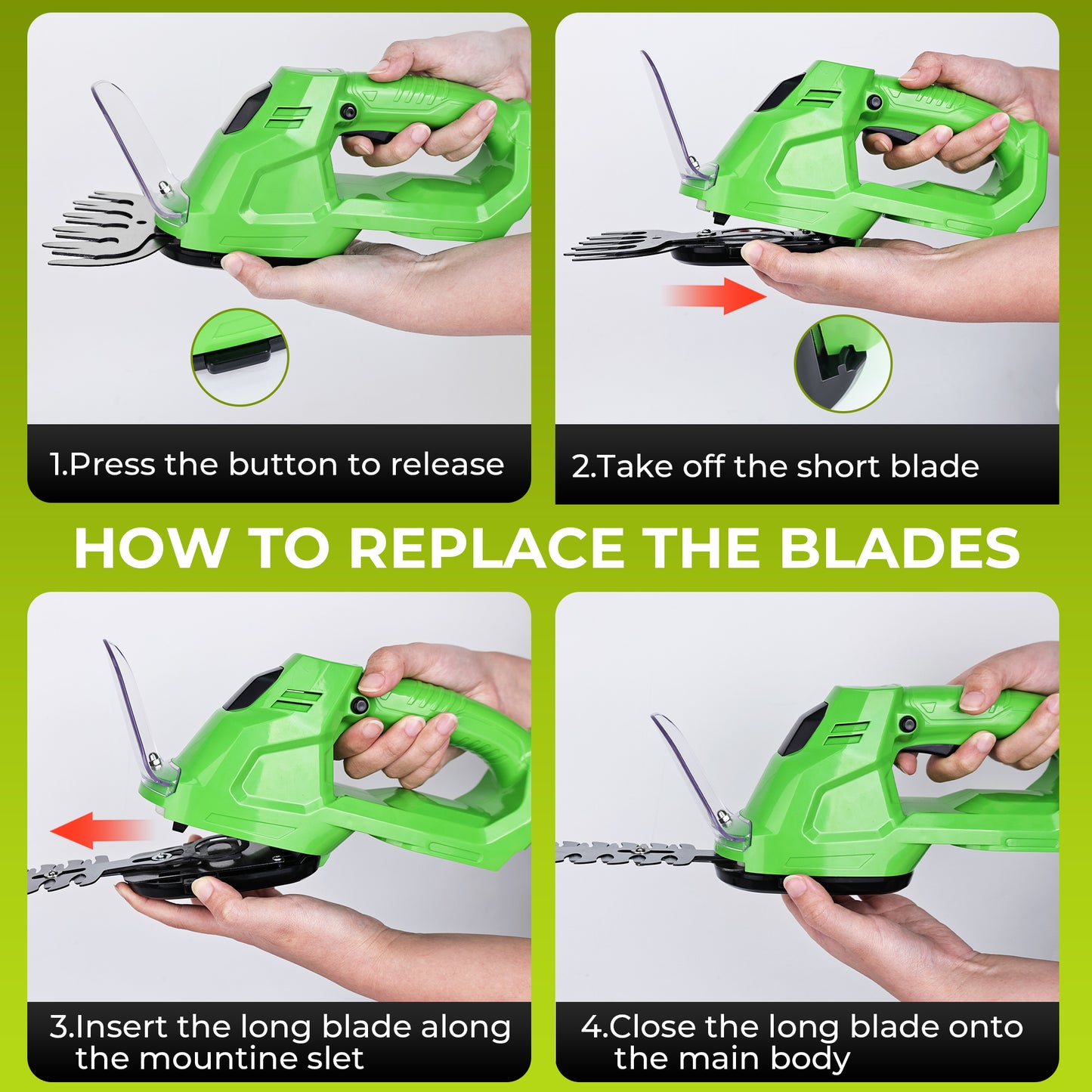 HOTREE 2-in-1 Cordless Hedge Trimmer and Lawn Mower, 1500 RPM, Battery Level Indicator, Suitable for Shrubs, Trees, Gardens, Patios, and Lawns.