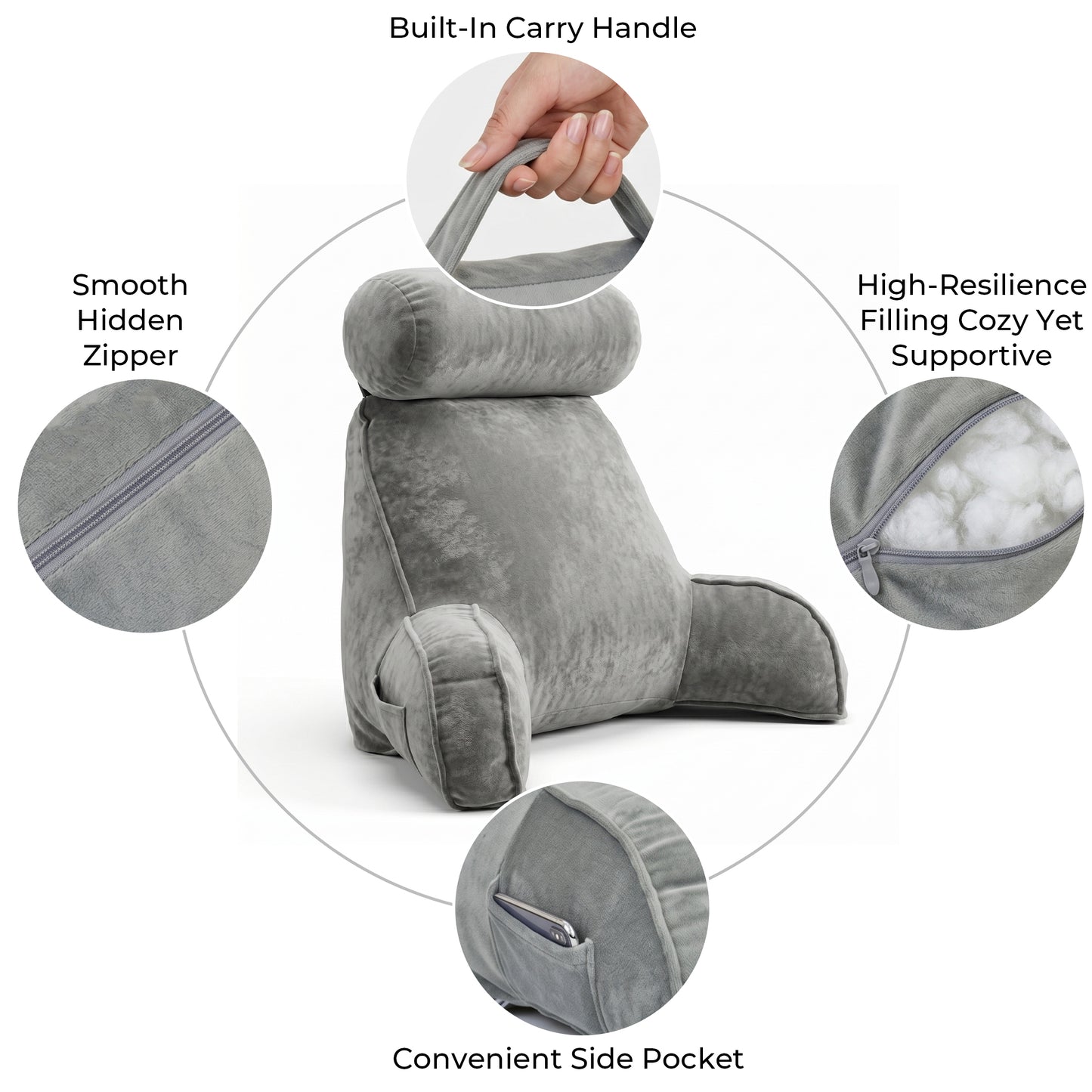 Riousery Reading Pillow with Arms and Semi-Round Neck Roll, Bed Rest Pillow for Sitting Up in Bed, Back Support Pillow with Phone Pocket for Reading, Watching TV and Gaming, Gray