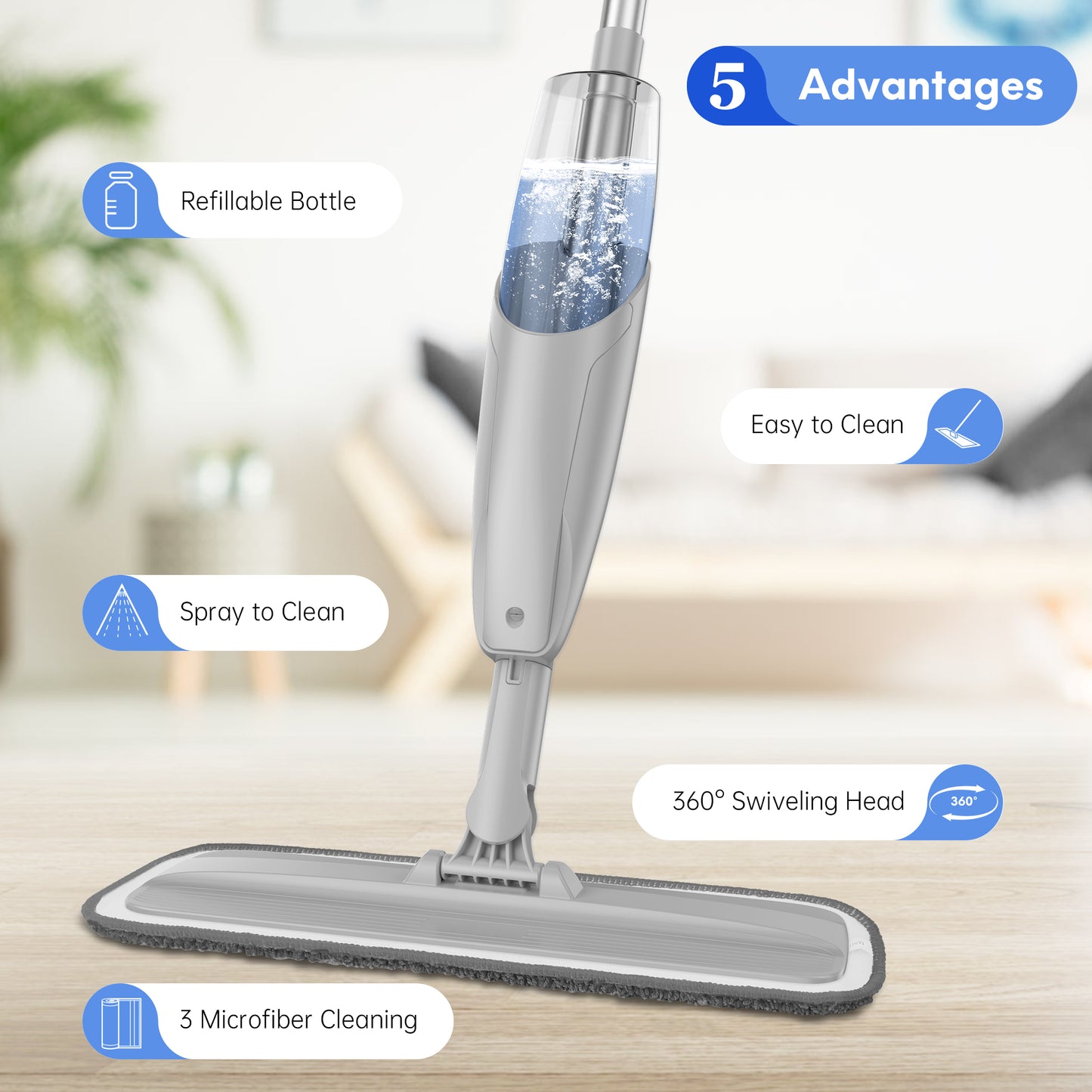 BIMZUC Spray Mop for Floor Cleaning Wet, with 14 oz Refillable Bottle and 3 Washable Microfiber Pads Home or Commercial Use, Gray