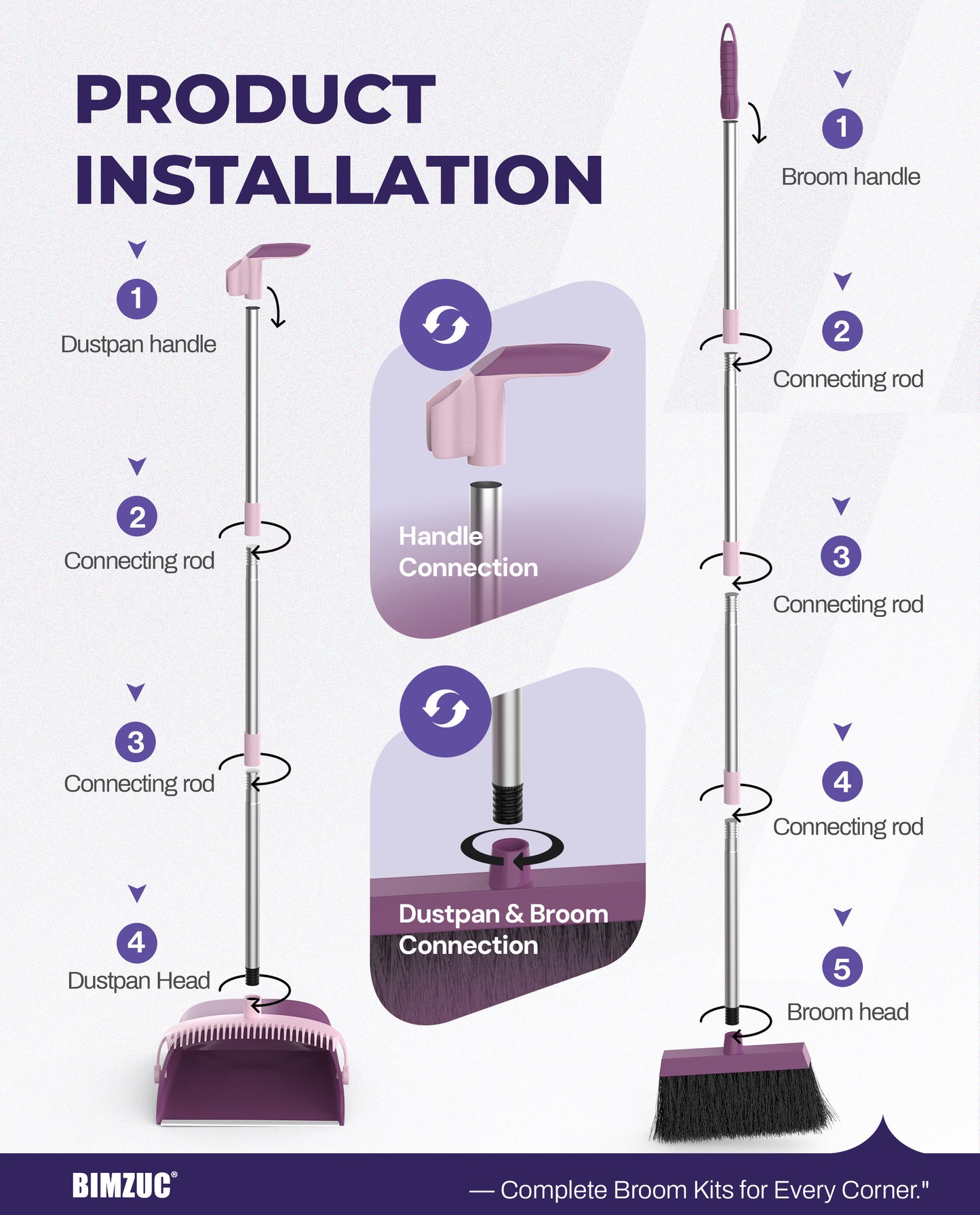 BIMZUC Broom and Dustpan Set for Home, 51" Long Handle Dustpan & Broom W/Comb, Purple Cleaning Kit