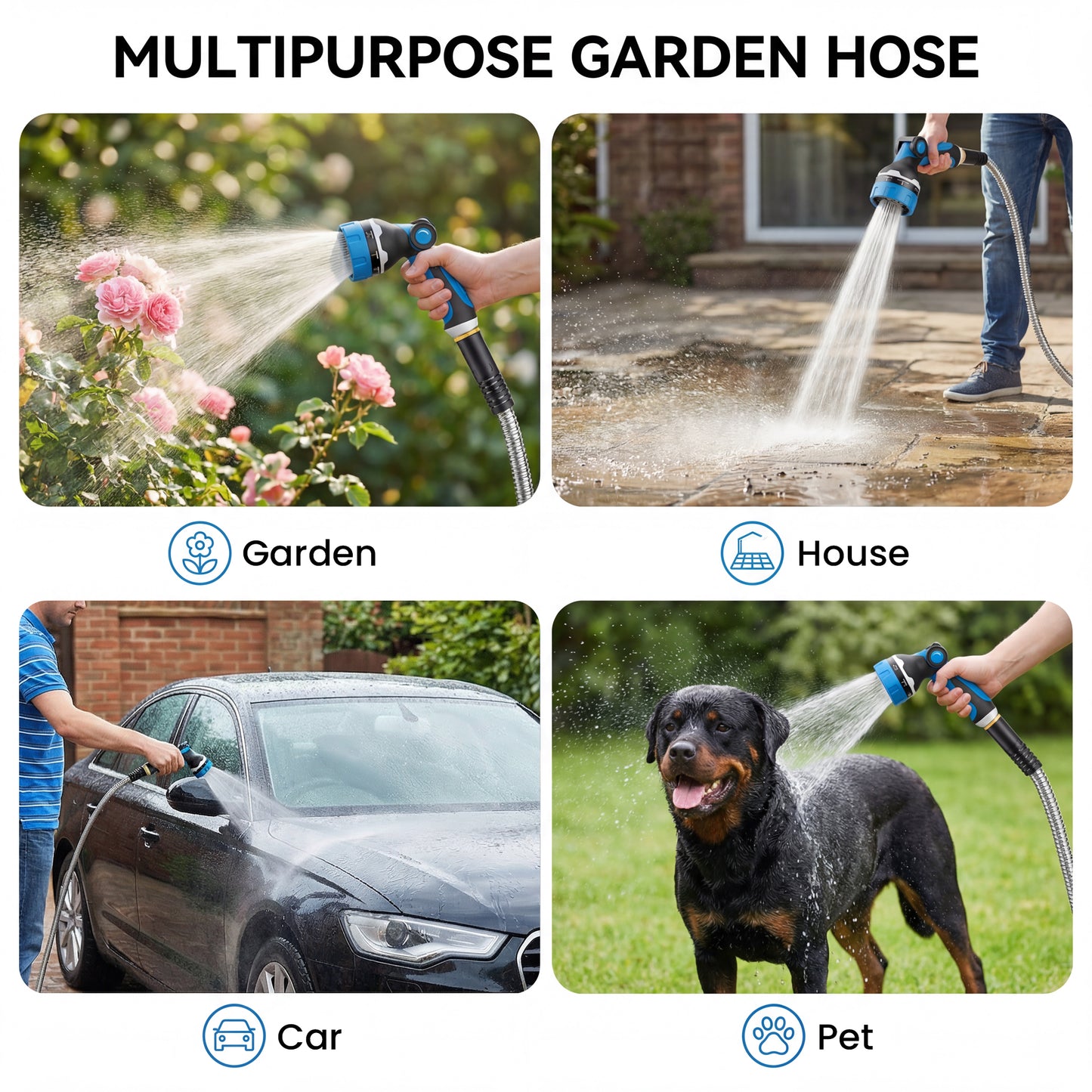 OHHANI Garden Hose 5/8" x 25ft with 10 Function Nozzles Stainless Steel Water Hose No Kink for Yard Outdoor and Car Wash