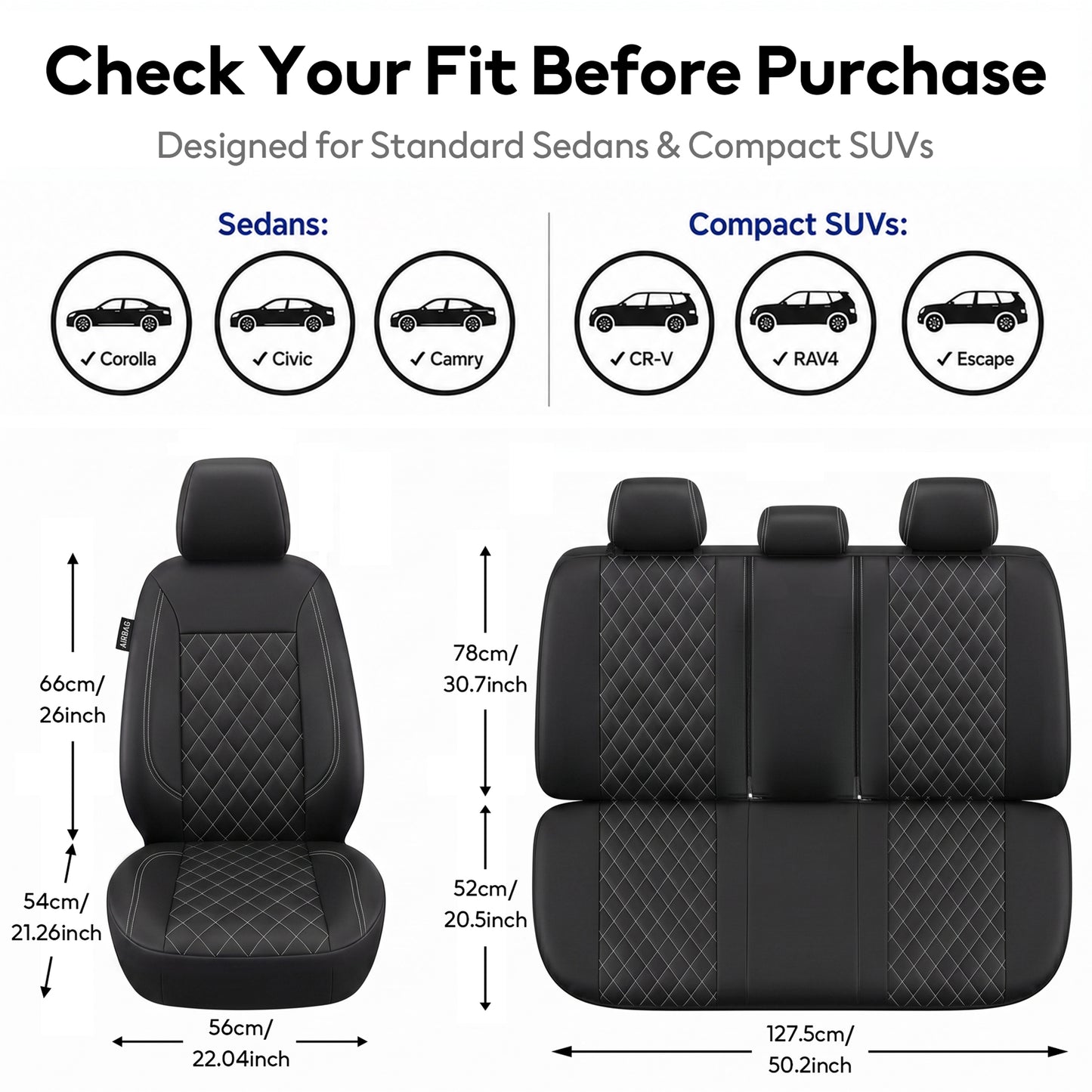 FLORAY Waterproof PU Leather Car Seat Covers Full Set, Universal Auto Seat Protectors for Sedans & Compact SUVs, Airbag Compatible, Black