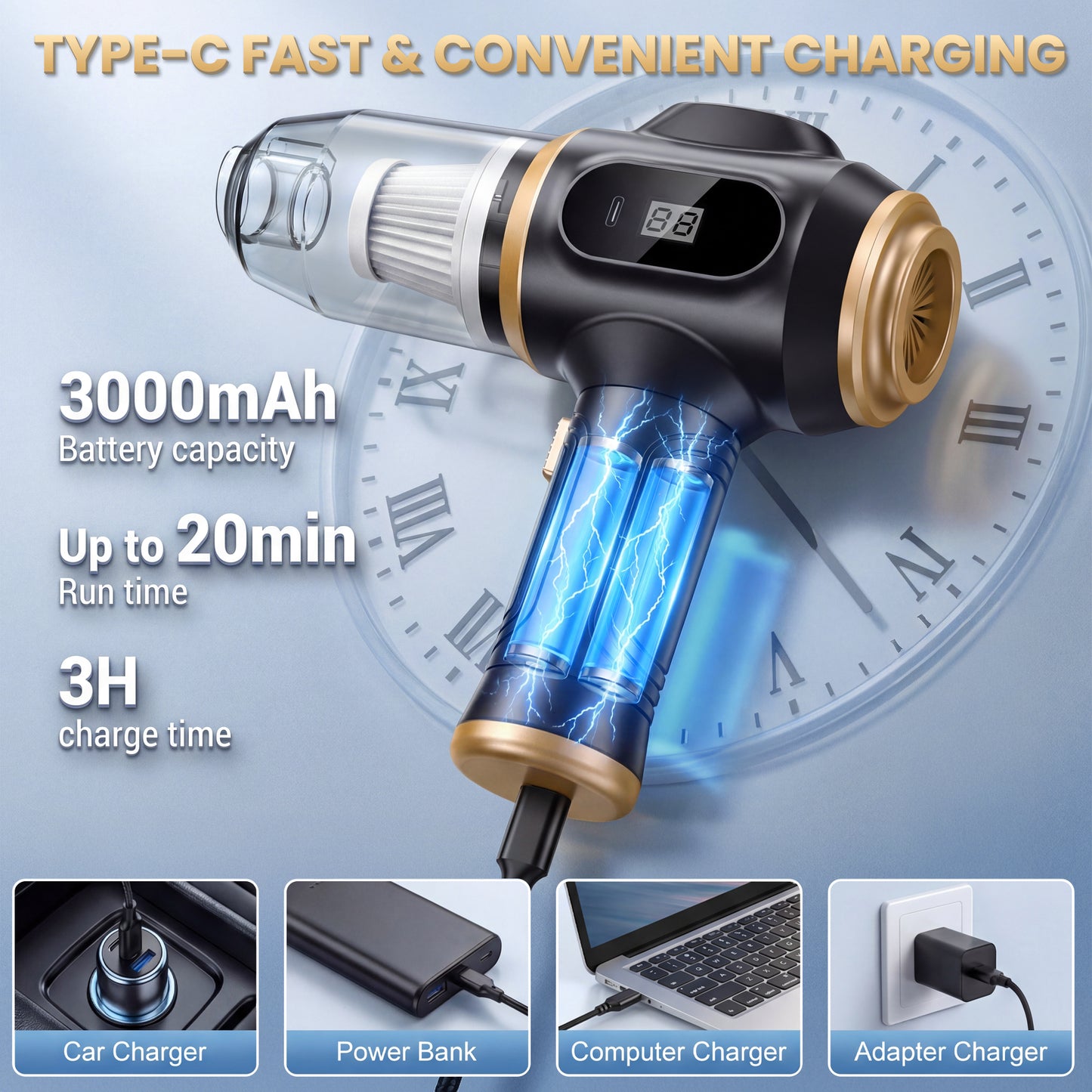FLORAY Cordless Handheld Car Vacuum Cleaner with Digital Battery Display, Portable Cleaner with 9 Attachments for Car, Home & Office